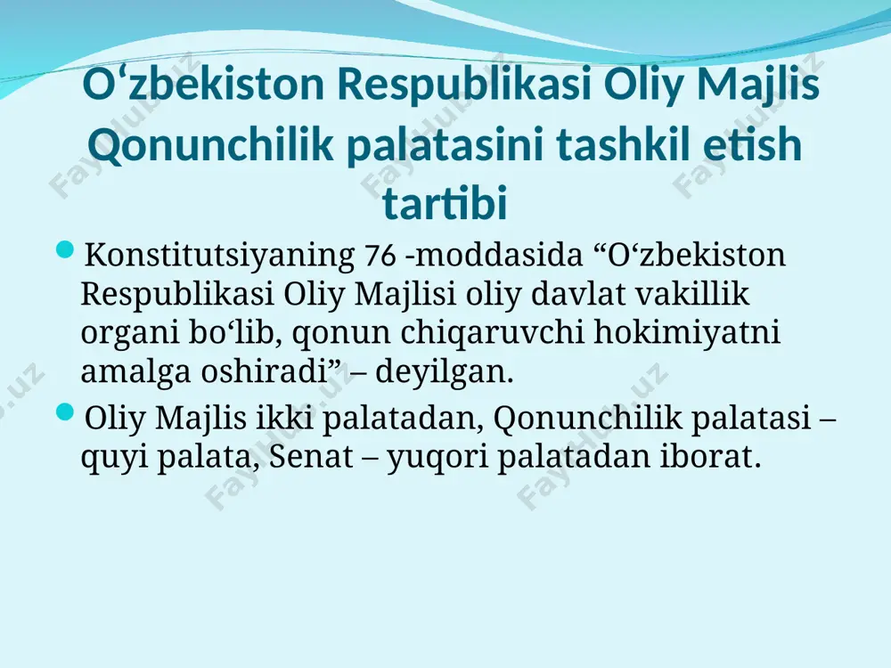 onidan saylov o‘tkazilishini belgiladi. qonunchilik palatasi deputati saylovi qonunchilik palatasining deputati saylovi konstitutsiyada vakillik organlari uchun belgilangan muddatda (konstitutsiyaning 117-moddasi) o‘tkaziladi. mazkur saylov umuxalq saylovi bo‘lib, unda barcha 18 yoshga yetgan (konstitutsiyaning 117-moddasida ko‘rsatilgan holatlardan tashqari) o‘zbekiston fuqarolari ishtirok etadi. saylov umumiy, teng, to‘g‘ridan-to‘g‘ri saylov huquqi asosida yashirin ovoz berish orqali o‘tkaziladi. saylov kuni yigirma besh yoshga to‘lgan hamda kamida oxirgi besh yil o‘zbekiston respublikasi hududida muqim yashayotgan o‘zbekiston respublikasi fuqarosi o‘zbekiston respublikasi oliy majlisining qonunchilik palatasi deputati, shuningdek o‘zbekiston respublikasi oliy majlisining senati a'zosi bo‘lishi mumkin. deputatlikka va senatorlikka nomzodlarga qo‘yiladigan talablar qonun bilan belgilanadi. ayni bir shaxs bir paytning o‘zida o‘zbekiston respublikasi oliy majlisining qonunchilik palatasi deputati va senati a'zosi bo‘lishi mumkin emas. oliy majlis qonunchilik palatasining tashkiliy faoliyati konstitutsiya va “o‘zbekiston respublikasi oliy majlisining qonunchilik palatasi to‘g‘risida”gi qonunga asosan, qonunchilik palatasi faoliyatining tashkiliy shakli uning sessiyalari davrida o‘tkaziladigan majlislaridir. qonunchilik palatasining navbatdagi sessiyalari qoida tariqasida sentyabrning birinchi …