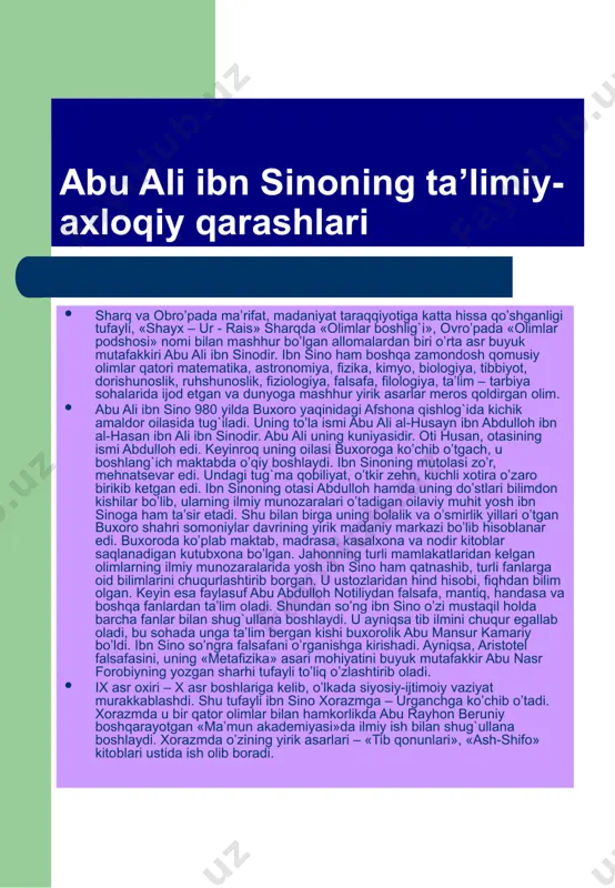 dan, hadislarning haqiqiy, ishonarli, ya’ni sahihlarini saqlab qolish maqsadida ular tekshirilib, asl holiga keltirib, yozib yig`ila boshlangan. ana shu tarzda hadis ilmi rivojlana boshlagan. islom olamida oltita ishonchli to’plam (as-sahih as-sitta) eng nufuzli manbalar sifatida e’tirof etilgan. ushbu manbalarning mualliflari ix asrda yashab ijod qilgan quyidagi muhaddislar bo’lganlar: abu abdulloh muhammad ibn ismoil al-buxoriy 194 (810), - 256 (870), imom muslim ibn al-hajjoj 206 (819), - 261 (874), imom iso muhammad ibn iso at-termiziy 209 (824), - 279(892), imom abu dovud sulaymon sijistoniy 202 (817), - 275(880), imom ahmad an-nasoiy (215 (830), - 303 (915) va imom abu abdulloh muhammad ibn yazid ibn mojja 209 (824), - 273(886). muhaddislar tomonidan yaratilgan va ishonarli manbalar deya e’tirof etilgan “al-kutub as-sitta” (“olti kitob”) quyidagilardan iborat: 1. abu abdulloh muhammad ibn ismoil al-buxoriy tomonidan yozilgan “al-jome’ as-sahih” asari. 2. imom muslim an-nishopuriy (imom muslim ibn al-hajjoj) tomonidan yozilgan “as-sahih” asari. 3. imom ibn …
