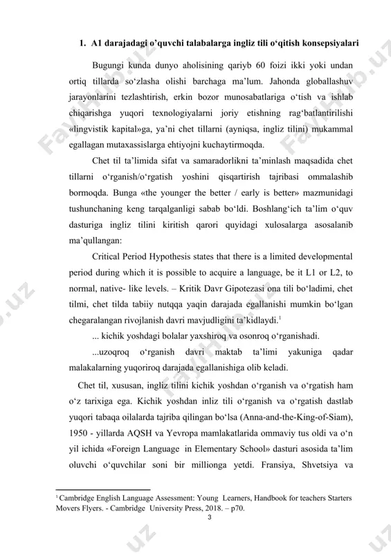 ) boshlang‘ich sinflarda chet tillarni o‘rgatish/o‘rganish metodlari va pedagoglar tayyorlash muammolariga bag‘ishlangan (early foreign language education) xalqaro seminar, 2008 - yil bangalor (hindiston)da boshlang‘ich ta’limda xorijiy tillarni o‘qitish xalqaro tajribalarni ommalashtirishga bag‘ishlangan (the way forward: learning from international experience of teyl) xalqaro konferensiya o‘tkazildi. 2013 - yil moskva (rossiya)da «chet tillarni o‘qitish nazariyasi va amaliyoti: an’analar va innovatsiyalar» mavzusida o‘tkazilgan xalqaro ilmiy- amaliy konferensiyada ham boshlang‘ich sinf o‘quvchilariga ingliz tili o‘qitish metodikasining dolzarb muammolari muhokama etildi. yuqorida qayd etilgan seminar va konferensiyalarda boshlang‘ich ingliz tili ta’limida sifat va samaradorlikni ta’minlash yuzasidan tavsiyalar ishlab chiqildi. bugungi kunda boshlang‘ich ta’limda ingliz tilini o‘qitish metodikasi «(inter)cultural awareness», «language awareness» va «humanity» ta’lim konsepsiyalari asosida rivojlantirilmoqda. (inter)cultural awareness – madaniyatlararo muloqot konsepsiyasi dastlab germaniyada shakllantirildi va qisqa vaqtda g‘arb mamlakatlarida ommalashdi. ushbu konsepsiya asosida ingliz tilini muloqot vositasi sifatida o‘rgatish emas, balki o‘quvchini umumiy va nutqiy rivojlantirish, ya’ni uni ingliz tili va o‘zga madaniyatga …
