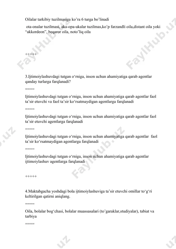 gi bola ijtimoiylashuviga ta’sir etuvchi omillar to‘g‘ri keltirilgan qatirni aniqlang. ==== oila, bolalar bog‘chasi, bolalar muassasalari (to’garaklar,studiyalar), tabiat va tarbiya ==== oila, bolalar muassasalari (to’garaklar,studiyalar), tabiat va tarbiya ==== bolalar bogchasi, bolalar muassasalari (to’garaklar,studiyalar), tabiat va tarbiya ==== oila, bolalar bog‘chasi,tabiat va tarbiya +++++ 5.maktabgacha ta’lim tashkiloti bolaning muvaffaqiyatli ijtimoiylashuviga qanday ta’sir qiladi? ==== maktabgacha ta’lim tashkilotida ijtimoiylashtiruvchi maxsus muhitning yaratilganligi; bolalarning tengdoshlari va kattalar bilan uyshgan muloqotining mavjudligi; o’yin,mehnat va o’quv tarbiyaviy faoliyatning tashkil etilganligi; didaktik qo’llanmalar va o’quv jihozlarining mavjudligi. ==== maktabgacha ta’lim tashkilotida ijtimoiylashtiruvchi maxsus muhitning yaratilganligi; o’yin,mehnat va o’quv tarbiyaviy faoliyatning tashkil etilganligi; didaktik qo’llanmalar va o’quv jihozlarining mavjudligi. ==== maktabgacha ta’lim tashkilotida ijtimoiylashtiruvchi maxsus muhitning yaratilganligi; bolalarning tengdoshlari va kattalar bilan uyshgan muloqotining mavjudligi; didaktik qo’llanmalar va o’quv jihozlarining mavjudligi. ==== maktabgacha ta’lim tashkilotida ijtimoiylashtiruvchi maxsus muhitning yaratilganligi; bolalarning tengdoshlari va kattalar bilan uyshgan muloqotining mavjudligi; o’yin,mehnat va o’quv tarbiyaviy faoliyatning tashkil etilganligi; +++++ 6.“mahalla” …