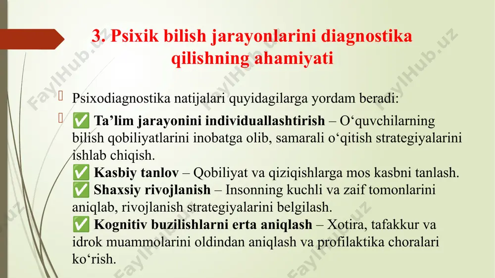 fikrlashni o‘lchash – insonning tasavvuri qanday shakllanadi va qanday ishlaydi. ✅ psixologik holatni aniqlash – stress, depressiya yoki boshqa ruhiy holatlar bilan bog‘liq xususiyatlarni ko‘rsatish. 2.5. fikrlash diagnostikasi fikrlash – insonning muammolarni hal qilish, sabab-oqibat aloqalarini tushunish va yangi g‘oyalarni ishlab chiqish qobiliyatidir. 🔹 ravenning progressiv matritsalari – mantiqiy tafakkurni o‘lchash. 🔹 wechsler testi – verbal va noverbal tafakkurni baholash. 🔹 analogiyalar metodi – obyektlar orasidagi bog‘liqlikni tushunish orqali fikrlash darajasini aniqlash. fikrlash diagnostikasi nima uchun muhim fikrlash diagnostikasi psixologik va kognitiv rivojlanishni baholash, insonning fikrlash faoliyatining samaradorligini tekshirish uchun ishlatiladi. quyidagi sohalarda fikrlash diagnostikasi zarur bo‘lishi mumkin: ✅ ishchi faoliyatini baholash – ishchilarning fikrlash samaradorligini o‘lchash va qobiliyatlarini aniqlash. ✅ o‘quv jarayonini tekshirish – o‘quvchilarning o‘rganish qobiliyati va mantiqiy fikrlashni baholash. ✅ kreativlikni rivojlantirish – ijodiy fikrlash va yangi g‘oyalarni ishlab chiqish qobiliyatini aniqlash. ✅ psixologik holatni aniqlash – ruhiy kasalliklar (masalan, depressiya yoki shizofreniya) bilan bog‘liq fikrlash buzilishlarini …