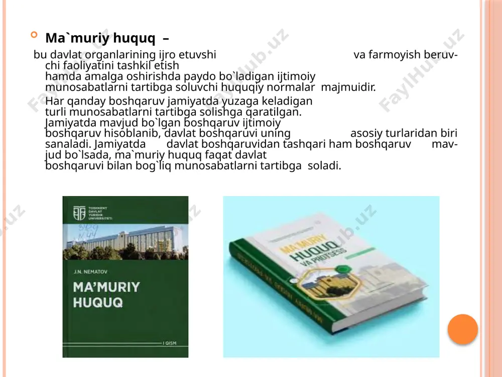 aqining besh baravaridan, mansabdor shaxslarga esa, o`n baravaridan oshmasligi kerak. haqini to`lash sharti bilan olib qo`yish huquqbuzarlik quroli bo`lgan ashyoni majbu-riy ravishda olib qo`yishdan iborat bo`lgan ma`muriy jazo chorasi. olib qo`yilgan ashyo sotilib, undan tushgan pul sotish uchun ketgan harajatlarni chegirib tashlagan holda egasiga qaytariladi. maxsus huquqdan mahrum qilish (transport vositasini boshqarish huquqidan ov qilish huquqidan mahrum qilish) tuman (shaxar) sudining ma`muriy ishlar bo`yicha sudyasi tomonidan uch yilgacha muddatga qo`llaniladi va bu muddat 15 kundan kam bo`lishi mumkin emas. ma`muriy qamoqqa olish-jinoyatlarga yaqin huquqbuzarliklarga yoki takroriy qo`pol ma`muriy huquqbuzarliklarga nisbatan qo`llaniladi. eng ko`p muddat – o`n besh sutkagacha, lekin favqulodda holat tartibi sharoitida jamoat tartibiga tajovuz qilganligi uchun o`ttiz sutkagacha muddatga qo`llaniladi. ma`muriy qamoqqa olish tuman(shaxar) sudining ma`muriy ishlar bo`yicha sudyasi tomonidan tayinlanadi. quyidagilarga nisbatan ma`muriy qamoq chorasi qo`llanilmaydi; homilador ayollarga; uch yoshgacha bolasi bo`lgan yoki bolasini 14 yoshgacha yolg`iz tarbilayotgan ayollarga; 18 yoshga to`lmagan shaxslarga; i va ii guruh …