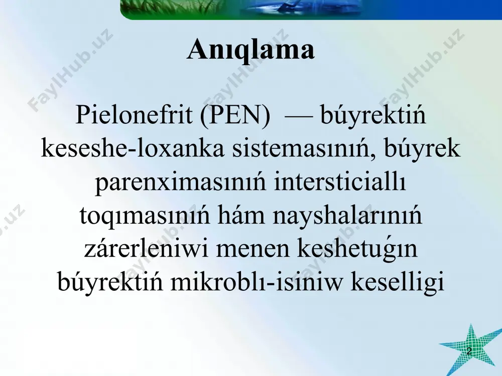 yrek parenxemasında bakterial isiniwdiń rawajlanıwına tásir kórsetedi. infekсion process rawajlanıwı ushın mikroorganizmler belgili bir virulentlikke iye bolıwı hámde olardıń rawajlanıwına hám tirishilik iskerligin kórsetiw ushın shárayat bolıwı kerek. patogenlik hám virulentlik faktorı bolıp mikroorganizm júze antigenleri, kapsulası, adgezinler, mikroorganizm háreketsheńligi hám olardıń toksinleri esaplanadı. * etiologiya mikroorganizmlerden tısqarı pielonefrit rawajlanıwı ushın ulıwma hám jergilikli faktorlar bolıwı kerek. ulıwma faktorlarǵa ekstrarenal infekciya oshaqları (kishi jastaǵı infekciyalar, xolecistit, pnevmoniya, sepsis), immun jetispewshilik jaǵdayları kiredi. jergilikli faktorlarǵa tómendegiler kiredi: 1.urodinamikanıń buzılıwı. túrli dárejedegi reflyukslar: sidik qaltası – sidik nayı, loxanka, sidik qaltası disfunkciyası, joqarı sidik jollarınıń qısqarıw qásiyetiniń buzılıwı, sidik jolları óspeleri, nefroptoz hám búyrekler distopiyası, búyreklerdiń júdá (giper) háreketsheńligi, búyrekler anatomiyalıq dúzilisiniń buzılıwı, tez azıw, jeterlishe suyıqlıq ishpew, oligouriya, mikroobstrukciyalar. * etiologiya 2. búyrek gemodinamikasınıń buzılıwı: vaskulitler, angiopatiyalar, gipotermiya (dene temperaturasınıń páseyiwi) sebepli júzege kelgen buzılıwlar, aylanıp atırǵan qan kóleminiń páseyiwi, búyrek toqımasındaǵı ishemik oshaqlar. 3.diagnostika hám emlew usılları: sidik qaltası kateterizaciyası, …