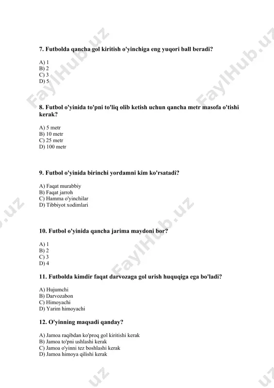 maydoni c) yarim maydon d) boshqa joylar 15. futbol o'yinida qaysi usulda gol kiritish mumkin? a) tiz bilan b) qo'l bilan c) bosh bilan d) faqat oyoq bilan 16. futbolda "ofsayd" holatiga o'yinchining qanday pozitsiyasi sabab bo'lishi mumkin? a) darvozabonning orqasida b) raqibning maydonida joylashgan c) darvozaga eng yaqin joyda bo'lishi d) hisobni boshlash 17. futbol o'yinida jarima maydonidan to'pni kim tashlaydi? a) himoyachi b) darvozabon c) bosh murabbiy d) har kim 18. futbol o'yinida offside holati qanday aniqlanadi? a) arbitr tomonidan b) to'pni ushlagan o'yinchi c) jamoaning murabbiyi d) o'yinchining masofasi va pozitsiyas 19. futbolda to'liq o'yinchilar soni qancha? a) 15 b) 10 c) 12 d) 11 20. hujumchiga qaysi turdagi pozitsiya eng ko'p kerak bo'ladi? a) himoyachi b) yarim himoyachi c) hujumchi d) darvozabon 21. futbol o'yinida qanday vaziyatda penaltiga to'g'ri keladi? a) to'pni qo'lda ushlash b) gol urish c) offside holati d) o'yinchining o'zgartirilish 22. futbol o'yinida …