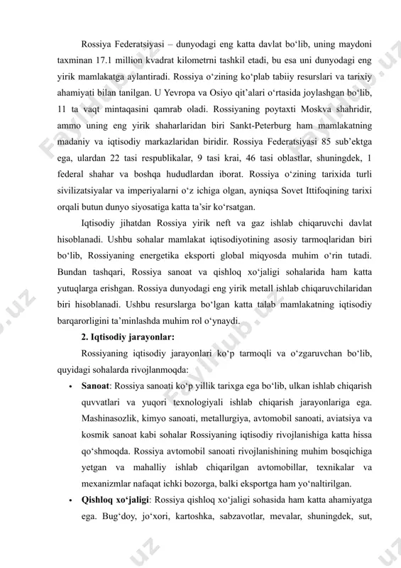 . bu sanksiyalar, xususan, energetika sohasida katta ta’sir ko‘rsatgan. rossiya neft va gaz eksportining kamayishi yoki cheklanishi global bozorlar bilan aloqalarini murakkablashtiradi. sanksiyalar rossiyaning texnologik rivojlanishiga ham to‘sqinlik qilmoqda, chunki u yangi texnologiyalarni olib kirishda qiyinchiliklarga duch keladi. · energetika narxlari: rossiya iqtisodiyoti asosan neft va gaz narxlariga bog‘liq bo‘lgani uchun energetika bozoridagi o‘zgarishlar, xususan, narxlarning pasayishi, rossiyaning iqtisodiy barqarorligiga katta xavf tug‘diradi. neft narxlarining tushishi rossiyaning eksport daromadlarini kamaytirishi va milliy valyutani pasaytirishi mumkin. shuningdek, global energiya bozorlarida raqobatning kuchayishi rossiya uchun xavf yaratadi. · ichki iqtisodiy muammolar: rossiya ichki iqtisodiy muammolarni hal qilishda qiyinchiliklarga duch kelmoqda. inflyatsiya darajasi, ishsizlik va daromadlar tengsizlikining oshishi, iste’molchi talabining kamayishiga olib keladi. rossiyaning iqtisodiy rivojlanishini ta’minlash uchun ichki iqtisodiy muammolarni bartaraf etish muhim ahamiyatga ega. · demografik muammolar: rossiya aholisi kamayib bormoqda, bu esa uzoq muddatda ishchi kuchining qisqarishiga va pensiya tizimi uchun bosim yaratadi. aholining qarish jarayoni va yoshlarning mehnat bozoriga …