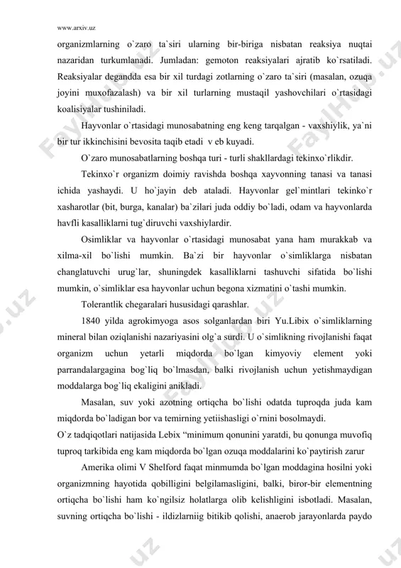ash hollarga olib kelishi mumkin. v.shelfordning fikriga ko`ra, omillarning ortiqchaligi ham, shuningdek yetishmasligi ham (organizmning eng qulay talablariga nisbatan) belgilab quyuvchi (limitlovchi) deb atalib, u limitlovchi omil yoki «tolerantlik qonuni» nomini olgan. belgilab quyuvchi omil qonuniga atrof muhitni ifloslanishdan muhofaza qilish tadbirlarida amal qilinadi. havo va suvda zararli aralashmalarning ortiq ko`payib ketishi odamlar salomatligiga jiddiy havf soladi. ekologiya makoni to`g`risidagi tushuncha. har bir tirik organizm atrof-muitning muayyan sharoitlariga moslashgan (adaptasiyalangan) bo`ladi. ular parametrlarining o`zgarishi, ularning tolerantlik chegaralaridan biroz chiqishi, organizmlarning hayot faoliyatini obgor qiladi va ularni o`limga mahkum etishi mumkin. ozuqa muhitning mumim omilidir. uning miqdori va sifati organizmlar hayoti faoliyatini risoladagidek bo`lishini belgilaydi. atrof-muhitning u yoki bu tur yashash sharoitlari va uning faoliyatini tavsiflovchi ko`pgina parametrlar majmui ekologiya javonini deyiladi. foydalanilgan adabiyotlar: 1. i.a. karimov “ozbekistonning siyosiy-ijtimoiy va iqtisodiy istiqbolining asosiy tamoyillari” toshkent 1995 yil 2. i.a. karimov “o`zbekiston xxi-asr bo`sag`asida havfsizlikka taxdid, barqarorlik shartlari va taraqqiyot kafolotlari!” toshkent …