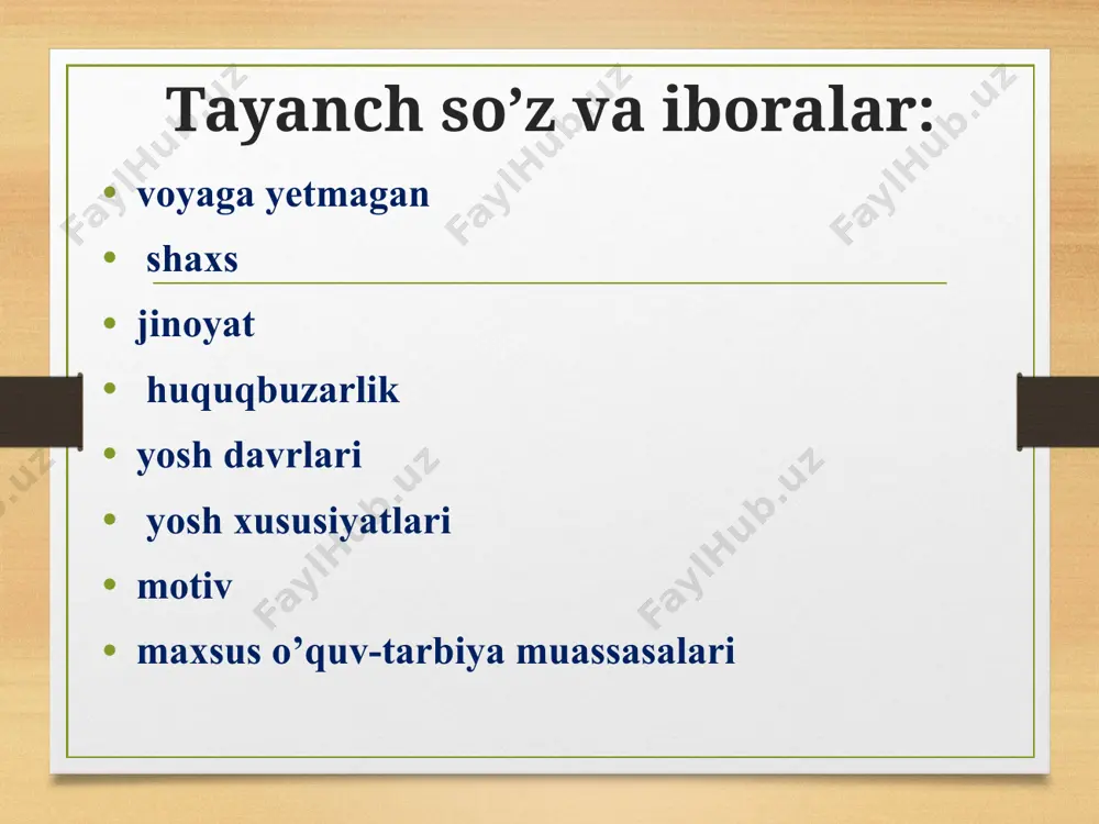 shidan ancha avval yuzaga keladi * jazolash tarbiya metodlari tanbeh berish ogohlantirish hayfsan berish uyaltirish nazorat uchun savollar: voyaga yetmagan huquqbuzarlarning xulqini tuzatish, ularning ushbu qilmishlarini qayta sodir etmasligi uchun zaruriy shart-sharoitlar yaratishda vaqtinchalik hibsda saqlash amaliyoti qanchalik samarali chora hisoblanadi? fikringizni asoslang. voyaga yetmagan huquqbuzarlar soni ortishiga ta’sir ko’rsatuvchi omillarni toifalang. voyaga yetmagan huquqbuzarlar shaxsi, ular guruhlarining o’ziga xosliklarini ajratib ko’rsating. voyaga yetmagan huquqbuzarlar tomonidan jinoyatlar sodir etilishining asosiy motivlarini ajratib ko’rsating. tarbiya koloniyalarining asosiy funksiyalari nimalardan iborat? e’tiboringiz uchun rahmat!!!