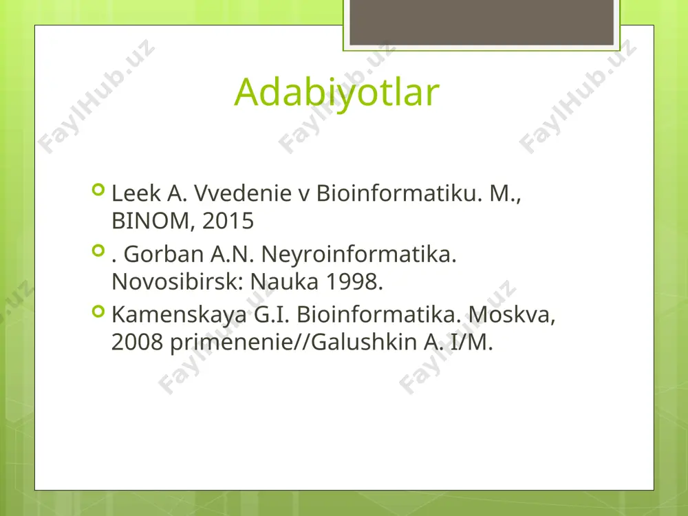 ni birinchi tomondan dnk dagi nukleotidlar ketma-ketliklarining aniqlanishi ya’ni sekvinirlanish usullarining takomillashib borishi bilan bo’lsa, ikkinchi tomondan biomolekulalar ketma – ketliklari haqidagi juda katta hajmdagi axborotlarning paydo bo’lishi natijasida ularni tahlil qilish uchun zarur bo’lgan zamonaviy kompyuter usullarining yaratilishi bilan tushuntirish mumkin. ma’lumotlar bazasining yaratilishi va ularning intensiv ravishda to’ldirilishi xx asrning 80-yillaridan boshlangan va juda tez sur’atlarda o’smoqda. bioinformatika fani biokimyo, molekulyar biologiya va biotexnologiya fanlari singari o’rganish ob’ektlariga ega bo’lgan zamonaviy fan bo’lib, uning tajribalari probirkada emas balki hisoblash texnikasi asosida amalga oshiriladi. bioinformatika bu makromolekula srukturasi orqali gendan tortib dori preparatlarigacha bo’lgan oraliqni o’z ichiga oladi. zamonaviy bioinformatikaning shug’ullanadigan masalalari qatoriga quyidagilarni kiritish mumkin: 1. aminokislotalar yoki nukleotidlar ketma – ketliklarining tahlilini amalga oshirish, ularni taqqoslash; 2. genomlarning strukturasini aniqlash va gen xaritalarini tuzish; 3. yangi dori preparatlarini yaratish va ularning nishon molekulalar bilan bog’lanish mexanizmlarini tushuntirib berish; 4.oqsilning strukturasini oldindan aytish; 5. rnk ning ikkilamchi strukturasini …