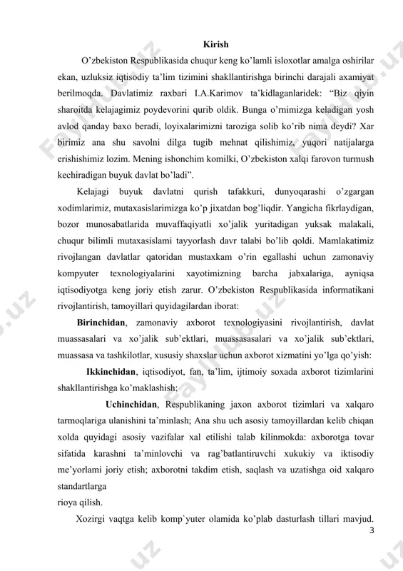 da o’quv – uslubiy materiallardan foydalanish bo’yicha usullar hamda tavsiyalar ishlab chiqish, ularni amalda qo’llashdan iborat. kurs ishining nazariy va amaliy ahamiyati shundaki olingan ma’lumotlar, xulosa va amaliy tavsiyalardan c# dasturlash tilidan masalalarni yechimini topish va ularni jamiyatga tadbiq qilish jarayonini o’rgatish va o’rgatishni takomillashtirishda hamda o’qituvchi va ta’lim oluvchi shaxslar bilan amaliy ish olib borishda foydalanishlari mumkin. kurs ishining tuzilishi va hajmi. kurs ishi kirish, ikkita bob, xulosa va foydalanilgan adabiyotlardan ro’yxatidan iborat i bob. dasturlash tarixi va uning istiqboli haqida 1.1 c#dastulash tilining ishlab chiqilish tarixi dasturlash tillari va ularning kelib chiqishi birinchi ehm lar uchun dasturlani dasturchilar mashina kodi tilida yozganlar. bu juda qiyin va uzoq vaqt talab etadigan jarayon edi. dastur tuzishni boshlash va ishlatib ko‟rish orasida ancha vaqt o‟tar edi. bunday muammolarni yеchish faqatgina dasturlash jarayonini rivojlantirish, optimizatsiya qilish orqaligina bajarilishi mumkin edi. dasturchilar mеhnatini iqtisod qiluvchi bunday “jixoz” o‟rnini qism dasturlari egalladi. 1944 yil …