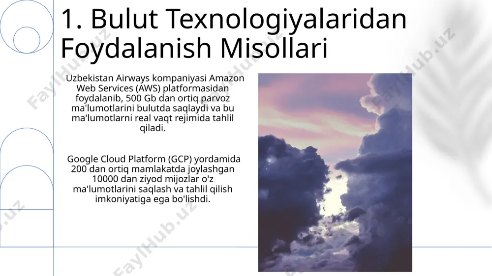 g boshlarida paydo bo'lib, amazon web services (aws) kabi yirik kompaniyalar tomonidan dunyo bo'ylab 50 dan ortiq mintaqalarda taqdim etiladi. 9. bulut texnologiyalari ta'rifi bulut texnologiyalarining afzalliklari orasida moslashuvchanlik, masshtablanuvchanlik, xarajatlarni tejash va 24/7 mavjudlik kiradi, bu esa global miqyosdagi korxonalar uchun, masalan, aqshdagi kompaniyalar uchun juda muhimdir. bulut texnologiyalari, ma'lumotlarni saqlash va qayta ishlash uchun internet orqali 300 dan ortiq xizmatlar taqdim etadigan, masalan amazon web services (aws) kabi global miqyosdagi infratuzilmadan foydalanadi. e'tiboringiz uchun rahmat @taqdimot_robot image1.png image2.jpg image3.jpg image4.jpg image5.jpg image6.jpg image7.jpg image8.jpg image9.jpg image10.jpg