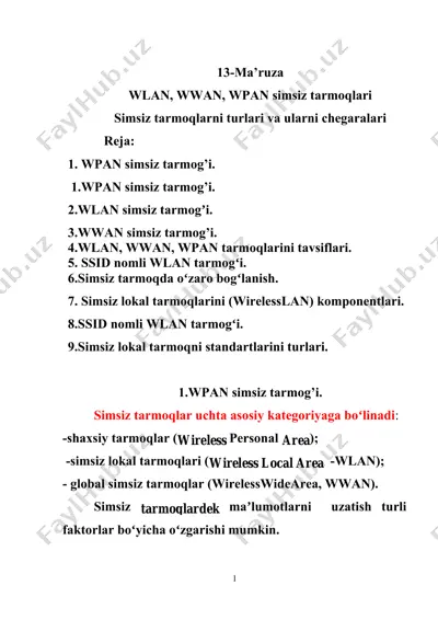 simsiz tarmoqlar va ulari chegaralari — DOCX