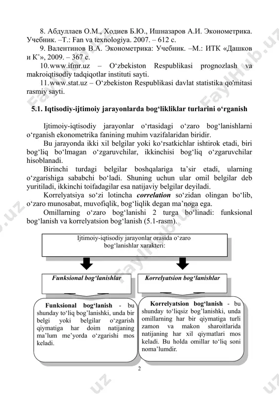 y-iqtisodiy jarayonlar o‘rtasidagi o‘zaro bog‘lanishlarni o‘rganish ekonometrika fanining muhim vazifalaridan biridir. bu jarayonda ikki xil belgilar yoki ko‘rsatkichlar ishtirok etadi, biri bog‘liq bo‘lmagan o‘zgaruvchilar, ikkinchisi bog‘liq o‘zgaruvchilar hisoblanadi. birinchi turdagi belgilar boshqalariga ta’sir etadi, ularning o‘zgarishiga sababchi bo‘ladi. shuning uchun ular omil belgilar deb yuritiladi, ikkinchi toifadagilar esa natijaviy belgilar deyiladi. korrelyatsiya so‘zi lotincha correlation so‘zidan olingan bo‘lib, o‘zaro munosabat, muvofiqlik, bog‘liqlik degan ma’noga ega. omillarning o‘zaro bog‘lanishi 2 turga bo‘linadi: funksional bog‘lanish va korrelyatsion bog‘lanish (5.1-rasm). 5.1.-rasm. bog‘lanish turlari yunalishlarning o‘zgarishiga qarab, bog‘lanishlar ikki turga bo‘linadi: to‘gri bog‘lanish va teskari bog‘lanish. ikki hodisa yoki omil va natijaviy belgilar orasidagi bog‘lanish juft korrelyatsiya deb ataladi. korrelyatsion bog‘lanishlarni o‘rganishda ikki toifadagi masalalar ko‘ndalang bo‘ladi. ulardan biri o‘rganilayotgan hodisalar (belgilar) orasida qanchalik zich (ya’ni kuchli yoki kuchsiz) bog‘lanish mavjudligini baholashdan iborat. bu korrelyatsion tahlil deb ataluvchi usulning vazifasi hisoblanadi. korrrelyatsion tahlil deb hodisalar orasidagi bog‘lanish zichlik darajasini baholashga aytiladi. analitik ifodalarning ko‘rinishlariga …