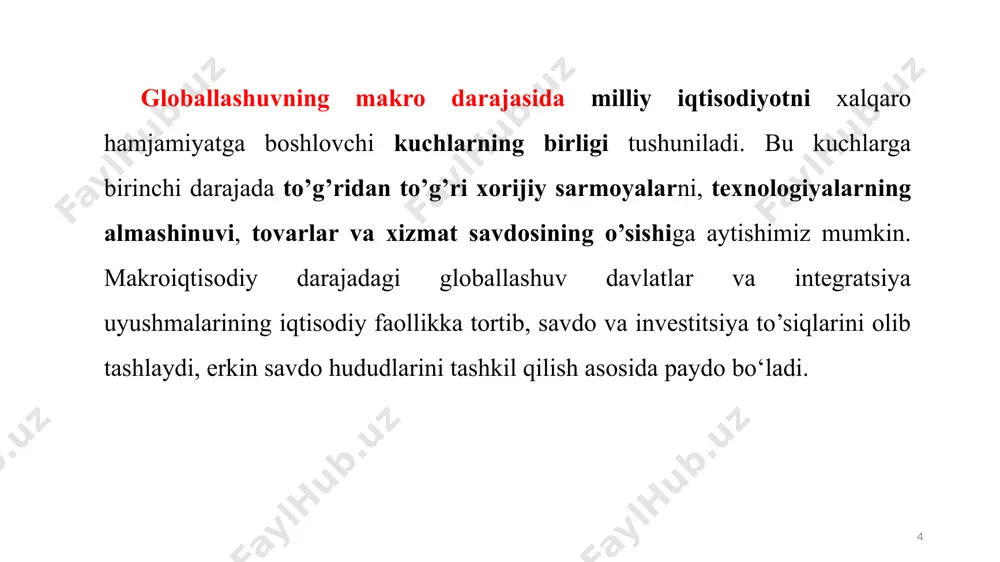 globallashuvi quyidagi jarayonlarda namoyon bo‘ladi: - ishlab chiqarish baynalmilallashuvining chuqurlashuvi. ishlab chiqarish baynalmilallashuvi iste’mol uchun yaratiladigan mahsulotni tayyorlashda jahonning turli davlatlari ishlab chiqaruvchilari qatnashishini namoyon qiladi; - kapital baynalmilallashuvining chuqurlashuvi, ya’ni davlatlaro xalqaro kapital harakatining o‘sishi, bunda, eng avvalo, to‘g‘ridan-to‘g‘ri investitsiyalar ko‘rinishida, fond bozorlarining baynalmilallashuvi; - ishlab chiqarish va ilmiy-texnikaviy, texnologik bilimlar vositalarini almashinuvi natijasida, shuningdek, xalqaro ixtisoslashuv va kooperatsiyalashuv, xalqaro miqyosda ishlab chiqarish resurslarining joylashuvi natijasida ishlab chiqarish kuchlarining globallashuvi; 13 - xalqaro hamkorlikni amalga oshirishni ta’minlovchi global - miqyosdagi material, axborot, tashkiliy-iqtisodiy infratuzilmaning shakllanishi; - xalqaro mehnat taqsimotining chuqurlashuvi natijasida ayirboshlashni baynalmilallashuvini kuchayishi, bunda xalqaro hamkorlikning ishlab chiqarish sohasiga nisbatan xizmatlar sohasi asosiy yo‘nalishlardan biriga aylanadi. - xalqaro ishchi kuchi migratsiyasining o‘sishi. bunda rivojlangan davlatlarda kambag‘al davlatlardan kelgan ishchi kuchlarini malaka talab qilmaydigan yoki past malaka talab qiladigan ishga jalb etiladi. - ishlab chiqarish va iste’molning baynalmilallashuvini atrofmuhitga ta’sirining ortishi, bu esa zamonaviy global muammolarni hal qilishga yo‘naltirilgan …