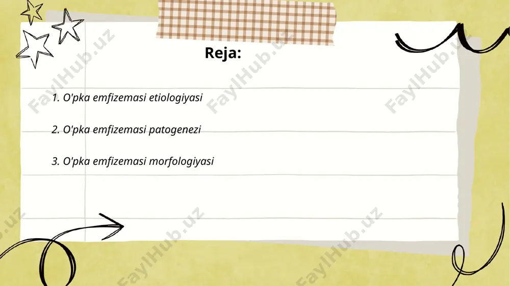 arida buzilishlarga olib keladi. keyinchalik nafas olishning qiyinlashishi va kislorod yetishmovchiligi kuzatiladi, bu esa bemorning umumiy sog'lig'ini yomonlashtiradi. shuningdek, ishoratlarni aniqlash uchun spirometriya va yuqori sezgir tomografiya (ct) usullaridan foydalaniladi. emfizemasi o'pka kasalliklari ichida keng tarqalgan bo'lib, undan aziyat chekayotganlarning soni yildan-yilga ortib bormoqda. ... t.me/slaydai_bot o'pka emfizemasi o'pkadagi alveolalar devorining buzilish va kengayishidir. bu holat odatda to'siqli o'pka kasalliklari (to'k) guruhiga kiradi. mikroskopik darajada, alveolalar birlashadi va alveolar septumlar yo'q bo'lib ketadi, natijada havo pufakchalari kattalashadi va yuzalar pastasakan qiladi. makroskopik ko'rinishida, o'pka to'qimalari katta va havo bilan to'lgan bo'ladi, ko'pincha pallalar orasida ko'rgazmalar bilan ajratilgan. emfizematik o'pka to'qimalari havo tutish xususiyatiga ega bo'lib, bosimga osonlik bilan kiradi. bu kasallik davomida alveolar devorlarning yirtilishi, elastik tolalarning yo'qolishi, va kapillyarlarning kamayishi kuzatiladi. natijada, gaz almashinuvi samarasiz bo'ladi va nafas yetishmovchiligi yuzaga keladi. emfizemaga olib keluvchi omillar orasida chekish va ekologik ifloslanish muhim rol o'ynaydi. o'pka emfizemasi bilan og'rigan bemorlarning soni …
