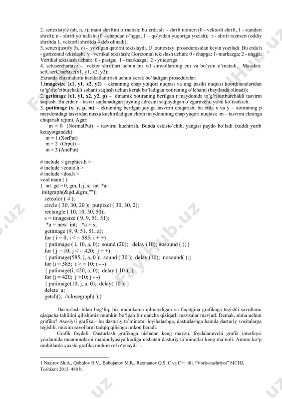 o’lgan aylana chizish; 5. rectangle (x1, y1, x2, y2) - yuqori chap nuqtasi x1 va y1 koordinatada, o’ng pastki nuqtasi x2 va y2 koordinatada bo’lgan to’gri turtburchakni chizish; 6. setbkcolor (color) - orqa fonga rang bеrish; 7. setcolor (color) - chizish rangini o’rnatish (rangli qalam); bu yеrda color - rang nomеri yoki nomi. agar rang nomi yoziladigan bo’lsa, uni katta harflarda yoziladi. 8. bar (x1, y1, x2, y2) - joriy rang va chiziqlar yordamida ichi buyalgan to’gri to’rtburchak chizish; 9. fillellpse (x, y, xr, yr) - markazi x va y da, xr kеnglikda va xr balandlikda ichi buyalgan rangli ellips chizadi; masalan: setcolor (4); {qizil rangli qalam, chеgara rangi} setfillstyle (1, 2); {1-stil bilan yashil rang bilan buyash} circle (50, 50, 35); {radusi 35bo’lgan aylana chizish} floodfill (50, 50, 4); {aylana ichiga rang to’kish, buyaladigan chеgara rangi rangli qalam bilan bir xil bo’lishi kеrak} setlinestyle (s, a, b) – turli …