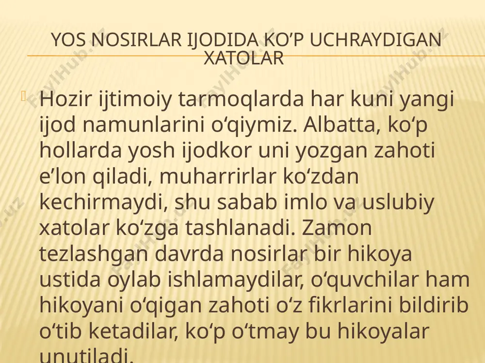 xta ishlash lozim. muallif birinchi galda original mavzularni tanlashi yaxshi, lekin ularni qay darajada ochib berish muhim vazifa. uning qalamiga mansub “jaholat” hikoyasida qahramonlar ismi bosh harf bilan beriladi. bu muallifning kafkaning ashaddiy muxlisi ekanidan darak. hikoya juda qisqa, qahramon tush orqali hayotda o‘likdek yashash emas, chinakamiga umr o‘tkazish lozimligiga ishora qiladi. erkinning “qarg‘alar uchganda” nomli hikoyasi esa ancha pishiq, batafsil yozilgan bo‘lib, qonli o‘tmishning iztirobli kunlaridan so‘zlaydi. oqposhshoning bostirib kirishi, o‘zbek o‘g‘lonlarining marg‘ilonda dorga osilishi, onalarning dard-u fig‘onlari, qarg‘alarning noxush qag‘illashi ta’sirli badiiy dialoglar, tasvirlar, kechinmalar orqali ochib berilgan. hikoyani o‘qir ekansiz, manzara ko‘z oldingizga jonlanadi. umuman, tarixda bo‘lib o‘tgan real voqealarni shu kabi badiiy asarlar orqali yosh avlodga tanishtirish adabiyotning vazifalaridan biridir. erkinning “qumursqa” nomli essesini ham shu o‘rinda ta’kidlab o‘tish lozim. garchi esseda kafkaning “otamga xat” asarining ta’siri sezilsa-da, undagi o‘zbekona milliy mentalilet, og‘riqli xotiralar muallifning o‘ziga tegishli ekanini o‘quvchi his qiladi va hamdard bo‘ladi. esseda muallif …
