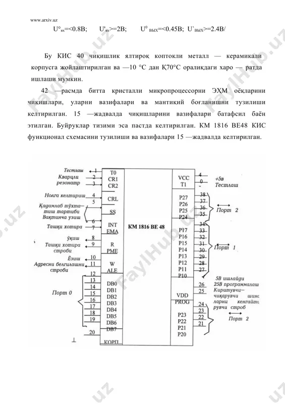 дресни ёзиб куйишга рухсат. орка фронти ташки хотира курилмаси учун адресни строблайди. pme 9 чикиш. ташки хотирага мурожаат килинганда ишлатила — ди. микроэ^м учун буйруклар кодини строблайди. ss 5 кириш. буйрукларни кадамлаб бажариш режимини жорий этишда ишлатилади. ema 7 кириш. ички ва ташки хотира буйрукларни танлаш учун бошкарувчи —кириш. ппзуни программалаштиришда ишлатилади. cr1 2 1—кириш. кварцни ёки ташки тактли генераторни улаш учун. cr2 3 2 —кириш. кварцни ёки ташки тактли генераторни улаш учун ti 39 тестлаш кириши. киритиш чиқариш қурилмаси км1816 ве48 киритиш — чиқариш учун 27 та чиқиш оёқчалари ишлатилади. бу оёқчалар 8 тадан чиқишга эга бўлган учта 0, 1, 2 чи турларга бўлинган. шартли ўтиш буйруқлари бўйича программани бажарилишини ўзгартириш учун учта тестлайдиган ва узадиган чиқишлар (то, т1, шт) бор. кириши бўйича ҳамма хабарлар ттл — логикали схема билан мое тушади, чиқиши бўйича ҳар бир чиқишга стандарт бўлган битта ттл элемент уланиши мумкин. саккиз разрядли икки томонга йўналган …
