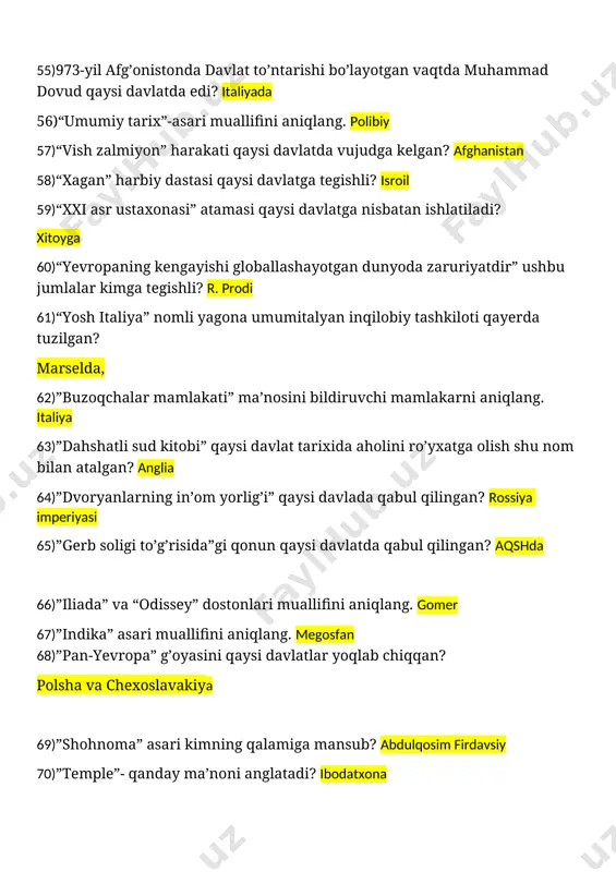 strategik mudofaa tashabbusi» rejasi qaysi davlatda qabul qilingan? (reygan) aqsh 74)1187-yilda quddus shahrini bosib olgan hukmdrni aniqlang. salohiddin ayubiy 75)1189-1192-yillarda nechinchi salib yurishi sodir bo’lgan? 3- salib yurishi 76)1461-1483-yillarda angliya taxtini boshqargan hukmdorni aniqlang. eduard 4 york 77)1676-1682-yillarda rossiya podsholik qilgan shaxsni aniqlang. fyodor aleksevich 78)1706-1790-yillarda yashagan amerika jamiyatining tashabbuskorini aniqlang. b. franklin 79)1776-yil mart oyida j.vashington qo’shini qaysi hududni egalladi? bostin 80)1778-yil aqsh qaysi davlat bilan harbiy ittifoq tuzdi? fransiya bn 81)1779-yil aqsh qaysi davlat bilan harbiy ittifoq tuzdi? ispaniya bn 82)1792-yil 21-oktabrda fransuzlar tomonidan egallangan shaharni aniqlang. maynts 83)1796-1801-yillarda hukmronlik qilgan hukmdorni aniqlang. pavel1 84)1797-1799 yillarda fransuzlar yordami bilan apennin yarim orolida nechta respublika vujudga kelgan? 4 ta 85)1801 yil 12 martga o’tar kechasi o’ldirilgan hukmdorni pavel1 86)1807-yil qaysi davlatda “qul savdosiga qarshi akt” imzolangan? anglia 87)1810-1818 yillarda aqsh ispaniyada qaysi hududni tortib olgan? florida 88)1815-1898-yillarda yashagan tarixiy shaxsni aniqlang. otto fon bismark 89)1819-yilda inglizlar qaysi hududni o’z …