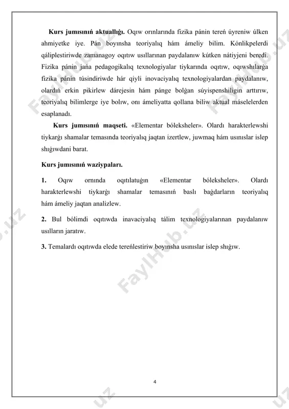 ataldi. biraq olardıń tábiyatin tusiniw judá ańsat emes. yadroniń quramindaġı proton menen neytronnıń ashılıwı zatlardıń tábiyatin uyreniwde judá ulken rol oynadı. yadrolıq protsesste nurlanıw hám elektronnıń shıġıwı ( -protsess) pozitronnıń hám basqada awır bóleksheleriniń shiġıwı yadronıń tábiyatiniń júdá quramalı ekenligin kórsetedi. máselen proton ıdırawı protsessinde neytronġa, pozitronġa hám neytrinoġa ıdıraydı. bul ıdıraw protsessinde proton yamasa neytron joqarıdaġı ıdıraġan bólekshelerden turadi degen juwmaqqa keliwge bolmaydı. ol payda bolġan bóleksheler ıdırawi momentinde ġana payda boladı. sonıń ushın házirgi elementar bóleksheler fizikasiniń kushli rawajlanġan dáwirinde de bólekshelerdiń elementar ekenligine toliq dálillew joq. bul elementar bólekshelerdiń rawajlaniw dáwirin ekige bóliwge boladi: 1. 1932-jılga deyin ( -elementar bólekshe belgili edi foton, elektron, pozitron, proton, neytron, neytrino hám antineytrino). 2. 1938-jıldan házirgi kunge shekemgi dáwir. - jılı -mezon ashıldı. keyin ala bir qansha mezonlar giporonlar, rezonansli bóleksheler, antiproton, neytron hám antiyadrolarashildi. 2. elementar bóleksheler. bóleksheler hám antibóleksheler. elektron. birinshi oylap tabılġan elementar bólekshe elektron esaplanadı. 7-jili …