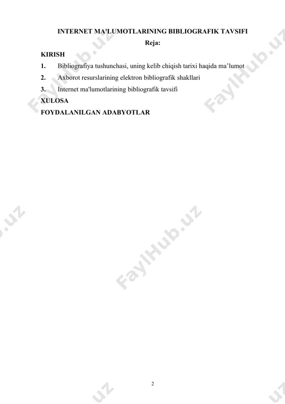 viyatidagi o‘zgarishlar haqida ham bemalol o‘z kutubxonasida o‘tirib ma’lumot olish imkoniga ega. bu esa axborot manbalari bilan axborot iste’molchilari o‘rtasida qarama-qarshiliklarga sabab bo‘lmoqda. endi iste’molchi tobora axborot qidirishda, uni tanlashda, undan unumli foydalanishda, uni qayta ishlab chiqishda yordamga muhtojlik sezmoqda. 2006- yil 20- iyunda qabul qilingan o‘zbekiston respublikasi prezidenti i. a. karimovning „respublika aholisini axborot-kutubxona bilan ta’minlash to‘g‘risidagi qarori“da aholiga axborot-kutubxonachilik xizmati ko‘rsatishni yaxshilash, axborot-resurs markazlari sifatida kutubxonalarni qayta tashkil etish, buning uchun chora-tadbirlar belgilash, ularda o‘sib kelayotgan yosh avlodning intel3lektual salohiyatini o‘stirishga e’tiborni qaratish, aholining olamshumul axborotga bo‘lgan ehtiyojini qondirish uchun shart-sharoitlar yaratish, zamonaviy axborot texnologiyalarining ham imkoniyatlaridan foydalanish vazifasi qo‘yildi. 2011-yil 23-fevralda qabul qilingan bu qaror „2011—2015yillarda axborot-kommunikatsiya texnologiyalari asosida axborotkutubxona va axborot-resurs xizmatini yanada sifatli takomillashtirishning chora-tadbirlari to‘g‘risida“ deb nomlandi va 2015-yilga qadar mamlakatimiz kutubxonalari qoshida 1815 ta elektron kutubxona va ular uchun 400 mingdan oshiq elektron shakldagi axborot-kutubxona resurslarini yaratish vazifasi belgilab berildi. ana shu vazifalarni …