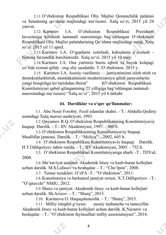 yo‘l ochib berish ustuvor vazifamizdir. mamlakatimizni 2014 yilda ijtimoiy-iqtisodiy rivojlantirish yakunlari va 2015 yilga mo‘ljalangan iqtisodiy dasturning eng muhim ustuvor yo‘nalishlariga bag‘ishlangan vazirlar mahkamasining majlisidagi ma’ruzasi. xalq so‘zi, 2014 yil 7 dekabr. 2.11. o‘zbekiston respublikasi oliy majlisi qonunchilik palatasi va senatining qo‘shma majlisidagi ma’ruzasi. xalq so‘zi, 2015 yil 24 yanvar. 2.12. karimov i.a. o‘zbekiston respublikasi prezidenti lavozimiga kirishish tantanali marosimiga bag‘ishlangan o‘zbekiston respublikasi oliy majlisi palatalarining qo‘shma majlisidagi nutqi. xalq so‘zi. 2015 yil 11 aprel. 2.13. karimov i.a. o‘tganlarni xotirlash, keksalarni e’zozlash - bizning farzandlik burchimizdir. xalq so‘zi. 2015 yil 10 may. 2.14. karimov i.a. ona yurtimiz baxtu iqboli va buyuk kelajagi yo‘lida xizmat qilittt - eng oliy saodatdir. t.:o‘zbekiston. 2015 y. 2.15. karimov i.a. asosiy vazifamiz — jamiyatimizni isloh etish va demokratlashtirish, mamlakatimizni modernizatsiya qilish jarayonlarini yangi bosqichga ko‘tarishdan iborat” (o‘zbekiston respublikasi konstitutsiyasi qabul qilinganining 23 yilligiga bag‘ishlangan tantanali marosimdagi ma’ruzasi) “xalq so‘zi”, 2015 yil 6 dekabr. iii. darsliklar …