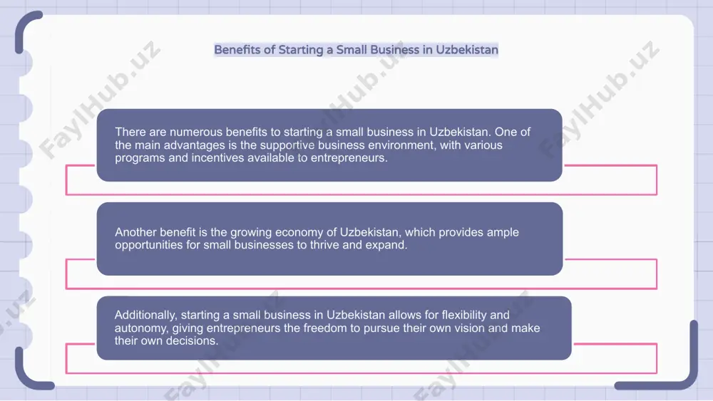 r, many small businesses in uzbekistan face challenges in financial management. they often struggle with budgeting, cash flow management, and access to capital. to address these challenges, small business owners in uzbekistan can benefit from learning about financial management concepts, such as budgeting, accounting, and financial forecasting. legal considerations for small businesses in uzbekistan when starting a small business in uzbekistan, it is important to consider the legal obligations and requirements that will apply to your business. one key consideration is the registration process, which involves submitting the necessary documents and paying the relevant fees. another important consideration is taxation, as small businesses in uzbekistan are subject to various taxes and duties. technology and small business in uzbekistan small businesses in uzbekistan are benefiting from the use of technology. with the advancement of technology, small businesses can now reach a wider audience and expand their customer base. technology has also …