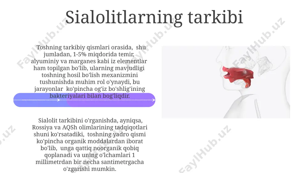 сининг 30-40% ҳолатларида самарқанд вилоятидаги касалхоналарда антибиотик терапиясидан кейин ҳам рецидив кузатилади, бу эса оператив мудохала заруратини юзага келтиради. ўзбекистондаги статистик маълумотларга кўра, туприк бези инфекциясининг ташхиси 5-10 кун ичида аниқланади, лекин даволаш муддати касалликнинг оғирлигига қараб 2-4 ҳафтагача давом этиши мумкин. kasallikning prognozi muvaffaqiyatli davolanishdan keyin 5 yil ichida takrorlanish xavfi taxminan 10% ni tashkil qiladi, shu sababli samarqanddagi shifokorlar muntazam kuzatuvni tavsiya qiladilar. siyalolitning o'lchami va joylashuvi prognozga ta'sir qiladi. masalan, kichik siyololitlar (2 mm dan kam) o'z-o'zidan yo'qolishi mumkin, lekin yiriklari esa, masalan, toshkentdagi klinikalarda ko'pincha jarrohlik aralashuvni talab qiladi. tuprik bezlarining o'tkir va surunkali yallig'lanishi o'tkir sialoadenit, masalan, parotit, 38-40°c dan yuqori harorat, og'riq va shish bilan namoyon bo'ladi, samarqand viloyati shifoxonalarida ko'pincha virusli etiologiyali holatlar kuzatiladi. surunkali sialoadenit, xususan, tosh bilan bog'liq bo'lganda, bez to'qimalarining fibroz o'zgarishlari va funksional faoliyatining 15-20% ga kamayishi bilan tavsiflanadi. tashxis qo'yish usullari sialoendoskopiya invaziv usul bo'lib, kateter yordamida naychani …