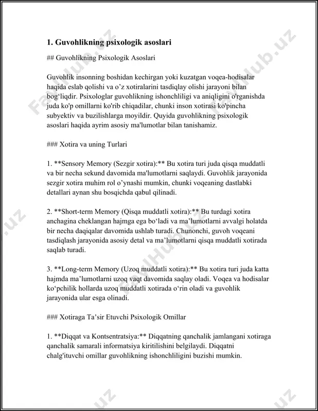 ha aniq va ishonchli deb qabul qilingan bo'lsa-da, aslida bu ko'p omillarga bog'liq holda o'zgaruvchan va ba’zan noto'g'ri ma’lumotlarni qamrab olishi mumkin. tadqiqotlar xotiraning ishonchliligi haqida quyidagi ma’lumotlarni taqdim etadi: 1. **xotira aniqligi:** - tadqiqotlar taxminan 40% hollarda odamlar o'zlarining xotiralarida noaniqlik va buzilishlar mavjudligini ko'rsatmoqda. inson xotirasi, ba’zi holatlarda, voqealar va tafsilotlarni noto'g'ri eslashga moyildir. 2. **kognitiv ofatlar va xotira:** - elizabeth loftus tomonidan olib borilgan tadqiqotlar shuni ko'rsatadiki, soxta xotiralar inson ongida osonlik bilan shakllanishi mumkin. loftusning tadqiqotida, tadqiqotlardagi ishtirokchilar soxta voqealarni haqiqiy deb talqin qilishadi; taxminan 30% ishtirokchilar soxta xotiralarni eslashgan. 3. **xotira va vaqt:** - tadqiqot natijalari shuni ko'rsatadiki, vaqt o’tishi bilan xotirada saqlangan ma’lumotlar aniq emasligi va noto'g'riligi oshadi. vaqt o'tishi bilan eslangan voqealarning 50% dan ortig‘i buzilgan va o'zgarishga uchragan bo'lishi mumkin. 4. **emotsional omillar va xotira:** - kuchli emotsional holatlar, masalan, stress yoki qo'rquv holatida xotira kuchayishi mumkin, lekin ba’zi hollarda dramatik va …