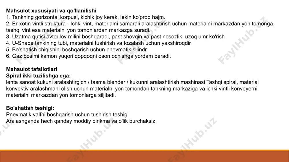 sh uchun materialni ttvidlardan markazga va ichki vintni materialdan markazga tomon yo'naltiradi. tdpm seriyali tasmali karıştırıcı, turli xil materiallarni, xususan, tayoq yoki birlashma xarakteriga ega bo'lgan chang va donador aralashmalar uchun aralashtirishi yoki ozgina suyuqlik va xamir materialini kukun va donador materiallarga qo'shishi mumkin. chang aralashtirish mashinasi gorizontal silindrda ikki eksael aylanish yo'nalishi bilan pichoq o'rnatilgan bo'lib, pichoq aylanada eksa va radial burchak ostida aralashadi, shunda material tezda bir xil aralashadi. mashina turli xil mexanik muhr shakllarini qabul qilishi mumkin, kukun oqmaydi va rulman uzoq umr ko'radi; mashina yuqori aralashtirish samaradorligi, yuqori ish samaradorligi, kam mehnat zichligi va qulay ishlashga ega. u magnit kukun, keramika, kimyo, farmatsevtika, ozuqa va boshqa sohalarda qo'llaniladi. kimyo sanoati, tibbiyot, aralash o'g'itlar, bo'yoqlar, pigmentlar, kauchuk, qurilish materiallari, oziq-ovqat, sut kukuni, sog'liq uchun mahsulotlar, ozuqa, qo'shimchalar, suv mahsulotlari yetishtirish, biologik muhandislik, nozik kimyo sanoati, keramika, o'tga chidamli materiallar, noyob tuproq, plastmassa shisha, yangi materiallar, yadroviy materiallar …