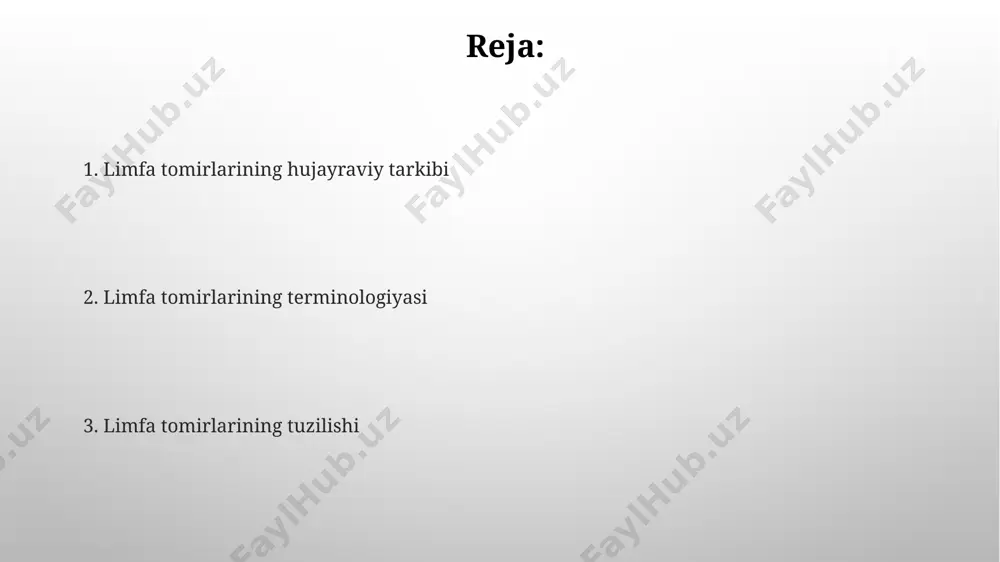 mfaning harakatini ta'minlaydi, bu jarayon 1-2 mm/sek tezlikda sodir bo'ladi. limfa tugunlarida limfa oqimi sekinlashadi, bu esa limfositlarning antigenlar bilan o'zaro ta'sirini kuchaytiradi va immunitet javobini faollashtiradi, taxminan 10-15 minut davom etadi. peritsitelar va ularning roli peritsitlar limfa kapillyarlarining 30-50% qismini tashkil qilib, ularning o'sishi va rivojlanishini tartibga soladi. peritsitlar α-sma, cd146 kabi markerlar bilan ifodalanadi va limfangiogenez jarayonida muhim rol o'ynaydi. limfa tugunlari va ularning strukturasi limfa tomirlari devori uchta qatlamdan: intima, media va adventitia’dan iborat bo'lib, ularning qalinligi tomir diametrining o'zgarishiga qarab farq qiladi, masalan, kichik limfa kapillyarlarida intima yupqa, katta magistral limfa tomirlarida esa qalinroq. limfa tomirlarining ichki yuzasida bir qatlam yassi endotelial hujayralar joylashgan bo'lib, ularning orasida teshikchalar mavjud, bu limfaning filtrlanishi va oqsil molekulalarining o'tishiga imkon beradi. e'tiboringiz uchun rahmat @taqdimot_robot image3.png image4.jpg image5.jpg image6.jpg image7.jpg image8.jpg image9.jpg image10.jpg image1.png