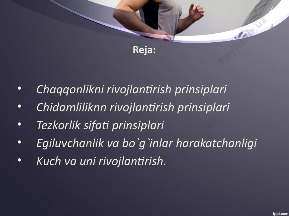 ash, tupni ilib olish, rakibni aldab utish, shtangani kutarish va xokazo. harakat vazifasining murakkabligi, bir vaqtda va ketma-ket bajariladngan harakatlarning uygunligiga bo`lgan talablar, harakatlar koordinatsiyasi va boshqalar bilan belgilanadi.. chakkonlik, psixologiya nuktai nazaridan, o`z harakatlarini va tevarak-atrofidagi harakatni ijro etish, sharoitni idrok etish qobiliyati qanchalik ekanligiga, shuningdek, shug`ullanuvchining tashabbuskor ligiga bog`liq. bu harakat sifati murakkab harakat reaksiya larining tezligi va aniqligini namoyon qilishda juda muhim rol uynaydi. harakatlarning koordinatsiyaviy murakkabligi chaqqonlikning birinchi ulchovidir. agar harakatning fazo, vaqt, kuch xarakter» stikala ri harakat vazifasiga mos bo`lsa, harakat yetarli darajada aniq bo`ladi, hara kat vazifalari harakatning aniqligi tushunchasini keltirib chiqaradi. harakatning aniqligi chaqqonlikning ikkinchi ulchovidir. image2.jpeg image3.jpeg image4.jpeg image5.jpeg image6.jpeg image1.jpeg as0000154f06 primary school children, sports day /docprops/thumbnail.jpeg