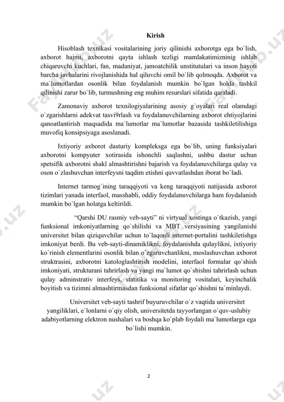 yasining yangilanishi universitet bilan qiziquvchilar uchun to`laqonli internet-portalini tashkiletishga imkoniyat berdi. bu veb-sayti-dinamiklikni, foydalanishda qulaylikni, ixtiyoriy ko`rinish elementlarini osonlik bilan o`zgaruvchanlikni, moslashuvchan axborot struktrasini, axborotni katologlashtirish modelini, interfaol formalar qo`shish imkoniyati, strukturani tahrirlash va yangi ma`lumot qo`shishni tahrirlash uchun qulay adminstrativ interfeys, statitika va monitoring vositalari, keyinchalik boyitish va tizimni almashtirmasdan funksional sifatlar qo`shishni ta`minlaydi. universitet veb-sayti tashrif buyuruvchilar o`z vaqtida universitet yangiliklari, e`lonlarni o`qiy olish, universitetda tayyorlangan o`quv-uslubiy adabiyotlarning elektron nushalari va boshqa ko`plab foydali ma`lumotlarga ega bo`lishi mumkin. i bob.web-sahifalar va ularni yaratish vositalari i.1. internet haqida boshlang`ich ma`lumot internet - bu yagona standart asosida faoliyat ko`rsatuvchi jahon global kompyuter tarmogidir. uning nomi «tarmoqlararo» degan ma`noni anglatadi. u mahalliy (lokal) kompyuter tarmoqlarni birlashtiruvchi informatsion tizim bo`lib, o`zining alohida axborot maydoniga ega bo`lgan virtual to`plamdan tashkil topadi. internet, unga ulangan tarmoqda kiruvchi barcha kompyuterlarning o`zaro ma`lumotlar almashish imkoniyatini yaratib beradi. o`zining kompyuteri orqali internetning xap bir mijozi boshqa shahar …
