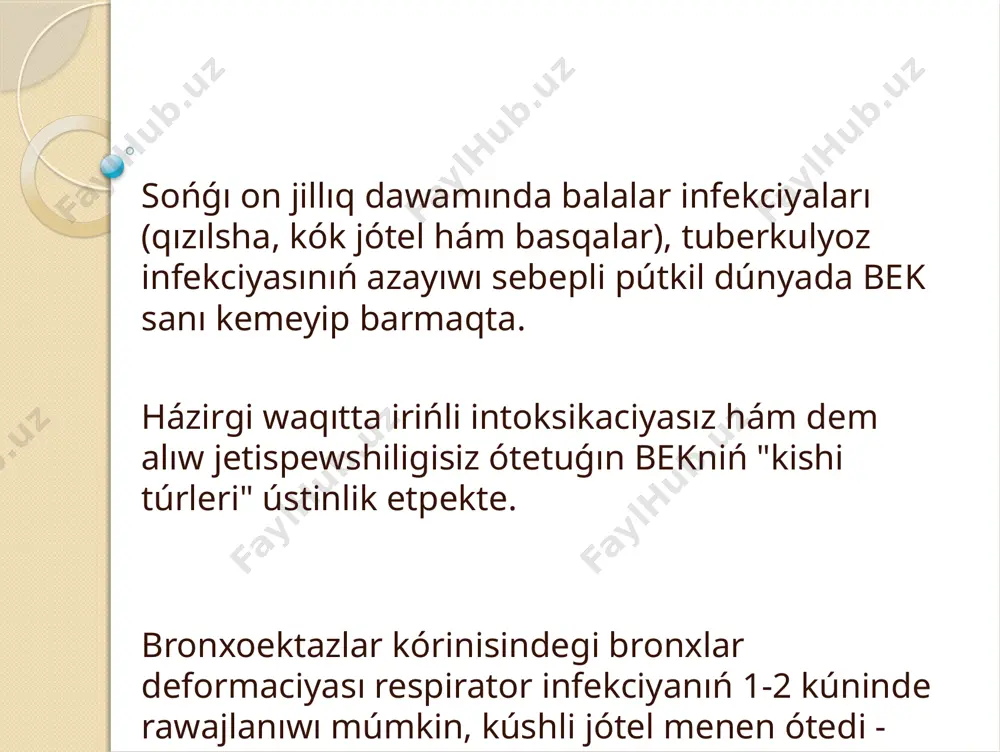 lıwlar: tezden dem shıǵarıw kóleminiń azayıwı; tiffno indeksiniń tómenlewi; qaldıq kóleminiń artıwı; ókpeniń tirishilik sıyımlıǵınıń kemeyiwi. bek rentgenodiagnostikası. bek jaylasqan tipik aymaqlar: shep ókpeniń joqarǵi bóliminiń tómengi bólimi hám tilshe segmentleri; oń ókpeniń orta bólimi; 4-8-tártipli bronxlar; rentgenobronxografiyalıq tekseriwde bronxoektazlardı anıqlaw (kontrastlanǵan bronxografiya, joqarı anıqlıqtaǵı ókpeniń spirallı kt sı); bronxoektazlardıń anıq belgisi yesaplanadı, yeger periferik bronxtıń ishki diametri aldınǵı ókpe magistralinıń diametrinen 2 hám onnan kóp márte úlken bolsa. bejdá endobronxial ózgerisler. bronxoskopiyada kataral irińli yamasa irińli endobronxit; dirildewshi epiteliydiń dúzilisi hám funkciyasınıń buzılıwı; endoskopik kórinis xarakteri procestiń aktivligine, morfologiyalıq ózgerislerdin tarqalıwına, nauqas balanıń jasına baylanıslı boladı. bej menen awırǵan balalarda ajıralatuǵın mikroflora quramı. gemofil tayaqsha - 64%. pnevmokokk - 27%. moraksella - 9%; altın reńli stafilokokk-2%. enterobakteriyalar - 2%; kók iriń tayaqsha - 1,2%; basqa patogenler 1% ten kem. проблемы резистентности haemophilus influensae (2005, рф) природная резистентность к аминогликозидам; β-лактамаз-продуцирующие штаммы – 5 %; резистентность к азитромицину – 0,2 …