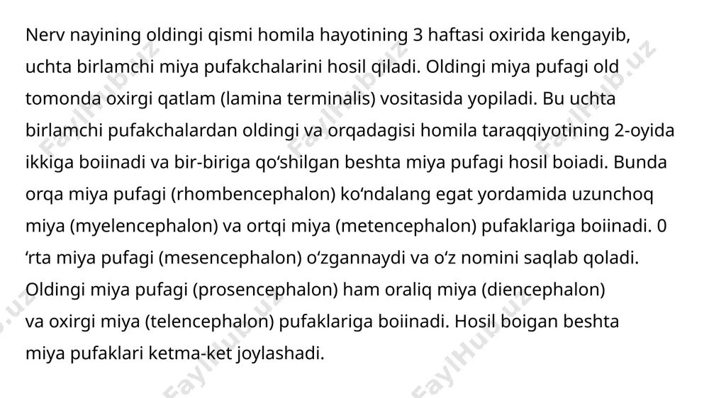 orqa lateral egatlar o‘rtasidagi oq moddadan iborat. orqa miyaning oq moddasi nerv hujayralari o‘siqlaridan iborat bo‘iib, ular orqa miya o‘tkazuv yo‘llarini hosil qiladi. oldingi tizimchada asosan pastga yo'naluvchi: oldingi po‘stloq-orqa miya yo‘li, to‘rsimon modda-orqa miya yo‘li, oldingi orqa miya-ko‘ruv bo‘rtig‘i yo‘li, o‘rta miya tomi va orqa miya orasidagi yo‘l va dahliz-orqa miya yo‘li o‘tadi. yon tizimcha tarkibida pastga tushuvchi va yuqoriga ko‘tariluvchi: orqa miya va miyacha orasidagi oldingi va orqa yo‘llar, po'stloq-orqa miya lateral yo‘li, qizil o‘zak va orqa miya orasidagi yo‘l o‘tadi. orqa tizimchada orqa miya bilan miya po‘stlog‘i o‘rtasidagi propriotseptiv sezgi yo‘li yo‘nalgan bo‘lib, bo‘yin segmentlari sohasida nozik va ponasimon tutamlarga bo‘linadi. orqa miya mezenximadan hosil bolgan uch qavat: tashqi qattiq parda, o‘rta to‘r parda va ichki yumshoq parda bilan o‘ralgan. image1.png image2.png image3.png image4.png image5.jpeg image6.png image7.png image8.png image9.png image10.png image11.png image12.png image13.png image14.png image15.png image16.png /docprops/thumbnail.jpeg