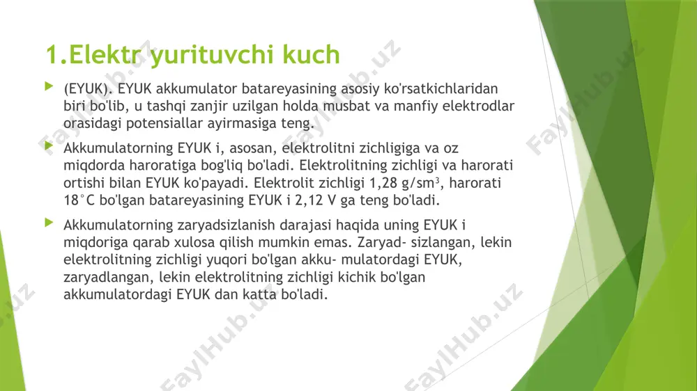 kelishi mumkin. turli iqlim sharoitlari uchun elektrolit zichligi qiymatlari iqlim sharoitlari (yanvar oyining o'rtacha harorati 0°c) yilning fasli 25°c haroratga keltirilgan eletrolit zichligi kg/m 3 sovuq (—30 -15) yil davomida 1,29*103 mo'tadil (-15-4) yil davomida 1,27*103 issiq (-4 +4) yil davomida 1,25*103 issiq va nam (+40—0) yil davomida 1,23*103 eslatma: elektrolit zichligi jadvalda keltirilgan qiymatdan ± 10 kg/m3 ga farq qilishiga ruxsat etiladi. 3.akkumulator batareyalarini zaryadlash usullari. akkumulator batareyalarini zaryadlash usullari. akkumulator batareyalarini zaryadlash uchun, odatda, maxsus o'zgarmas tok manbalaridan foydalaniladi. hozirgi kunda akkumulator batareyasini zaryadlashning ikki usuli qo'llaniladi: zaryadlash tokining qiymati o'zgarmas bo'lgan holda; zaryadlash kuchlanishi o'zgarmas bo'lgan holda. /docprops/thumbnail.jpeg