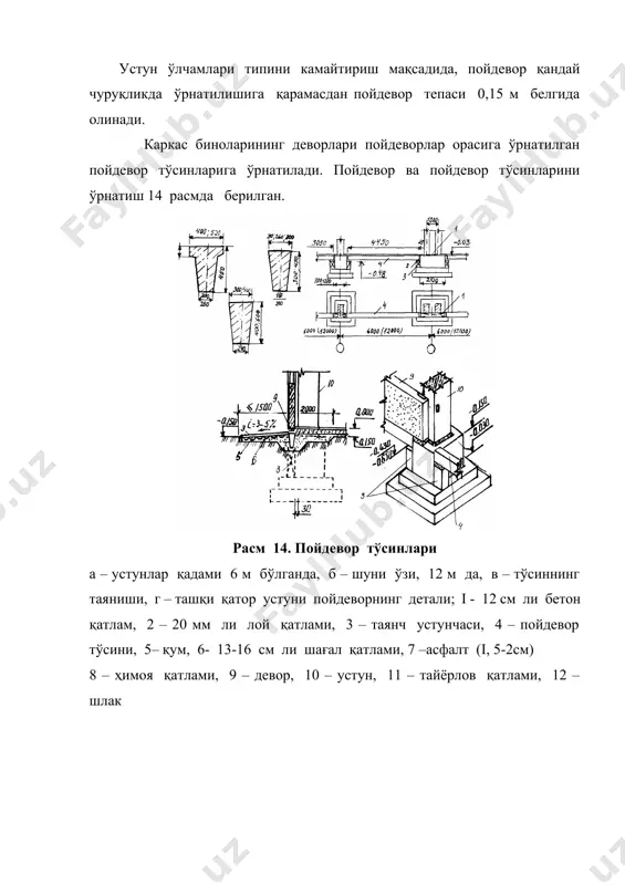 ар бетони маркаси 200 – 600 гача бўлиши керак. асосий устунлардан ташқари ёрдамчи (фахверк) устунлар ҳам ишлатилади, улар асосан бино ён томони, бўйлама устунлар қадами 12 м, девор панели узунлиги 6 м бўлганда қўлланилади. у деворни ушлаб туриш учун ишлатилади, унга девор оғирлиги ва шамол юки таҳсир қилади холос. фахверк устунлар темир ва темирбетондан тайёрланади. кесими 300х300 дан 400х600 гача олинади. ҳалқасимон устунлар диаметри 300 мм бўлади. устунлар пойдеворларга анкер болтлари билан маҳкамланади. устунлар тепа қисми стропил тузилмасига, бўйлама фахверк устуни эса том плитаси ёки вертикал боғловчи фермаларга маҳкамланади. бинони узунаси бўйича мустаҳкамлигини ошириш учун устунлар ва ёпилмалар орасига вертикал боғловчилар қўйилади. биноларда кўприксимон кран ўрнига, осма кранлар ишлатилса, у ҳолда боғловчи элемент устунлар орасига 9,6 м баландликда қўйилади. бинолар ҳарорат блоки билан бўлинган бўлса, у ҳолда вертикал боғловчилар шу блокни ўртасига ҳар қаторга қўйилади. устунлар қадами 6 м бўлганда х-симон ва қадами 12 ёки 18 м бўлганда портал боғловчилар …
