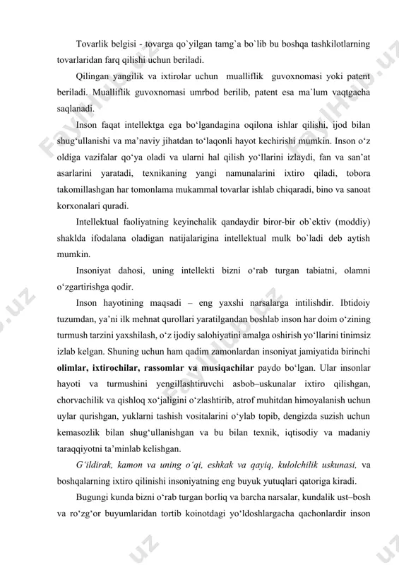 ir. intellektual faoliyatning eng muhim turlari fan, san’at va texnik ijodiyot xalqlar va millatlar, davlat va sivilizatsiyalar rivojining doimiy yo‘ldoshidir. lekin fan va texnika taraqqiyoti ko‘p asrlar mobaynida faqat insoniyat jamiyatining ehtiyojlarini qondirish vositasi bo‘libgina xizmat qilib qolmadi. aksincha, tarixdan ma’lumki, fan va texnikaning rivojlanishi, adabiyot va san’at asarlari aksariyat hollarda teskari ta’sir ko‘rsatib, insoniyat munosabatlarining rivojlanishida asos bo‘lgan va nafaqat ayrim kishilar, balki butun bir davlatlar va sivilizatsiyalar taqdiriga ta’sir etgan. bunday ta’sir ayniqsa xx asrda, ilmiy–texnika inqilobi iqtisodiy va industrial rivojlanishda katta o‘zgarishlarga olib kelgan vaqtda yorqin namoyon bo‘ldi va bugungi kunda jahonda shakllangan iqtisodiy va siyosiy tizimni belgilab berdi. insoniyat jamiyati o‘z boshidan quldorlik, feodalizm, kapitalizm, sotsializmni kechirdi. xxi asrning boshida, asosiy rivojlantiruvchi kuchi raqobat bo‘lgan bozor iqtisodiyoti eng samarali iqtisodiy tizim ekanligi tan olindi. ma’lumki, raqobatsiz rivojlanish bo‘lmaydi, shu bois hozirgi zamonda raqobat kurashi barcha sohalarda, davlatlar, butun bir mintaqalar va iqtisodiy ittifoqlar o‘rtasida yuz bermoqda. …