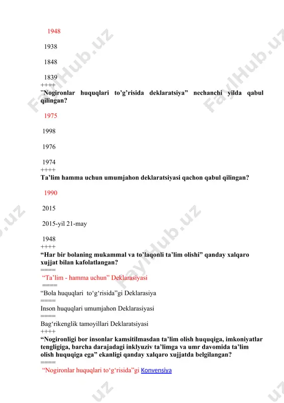 a ++++ aqli zaiflikka bo’lgan e’tibor nechanchi asrdan rivojlana boshlandi? 17 asr 18-19 asr 19-20 asr 17-16 asr ++++ diskriminatsiya so’zining manosi? uyg’unlashish qo’shilish zamonaviy rivojlanish odamlarni ajratish ++++ inklyuziv ta’limni joriy qilishda nechta ta’moilga asoslaniladi? 5 ta 7 ta 6 ta 4 ta ++++ nogironlar huquqlari to’risidagi konvensiya nechanchi yili tasdiqlangan? 2005-yil 19-sentabr 2006-yil 13-dekabr 2005-yil 13 aprel 2006-yil 13-aprel ++++ butun jahon ta’lim forumi qaysi shaharda bo’lib o’tgan? parijda koreyada rossiyada fransiyada ++++ inson huquqlari umumjahon deklaratsiyasi…. 1989-yili 1948-yili 1978-yili 1987-yili qabul qilingan ++++ 2020-yil 13-oktyabrda qabul qilingan qonun berilgan qatorni belgilang. ,,yetim bolalarni ijtimoiy muhofazasi’’ nomli qonuni alohida yordamga muhtoj bolalarga yordam berish tizimini yanada takomillashtirish chora tadbirlari to’g’risidagi qarori ,,ta’lim hamma uchun’’ nomli deklaratsiya maktabgacha ta’lim tizimini boshqarishni takomillashtirish chora-tadbirlari ++++ qaysi davrda nogironlarni jamiyatga qo’shish uchun ilk urinishlar rivojlandi? ma’rifat davrida uyg’onish davrida o’rta davrda antic davrda ++++ 2020- yil 13 oktabrdagi pq....... sonli "alohida …