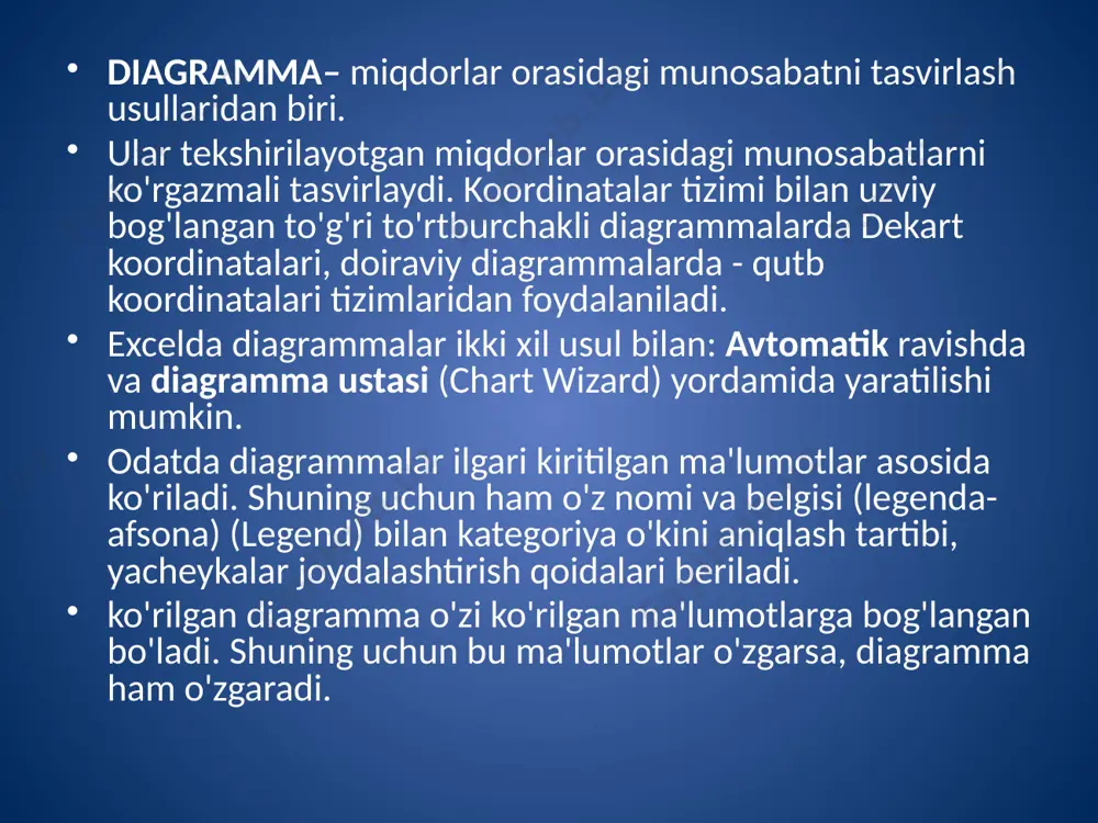 i bir xil. ko'rish soxasi (plot area) ko'rilgan diagramma akslantiriladigan soxa. qatorlar formulasi (series formula) diagramma tuzilgan ishchi saxifa ma'lumotlariga xavola qilingan formula. diagrammani bir necha ishchi saxifalar bilan bog'lash mumkin. matn (text) diagrammadagi ixtiyoriy matnli axborot; diagramma osti yozuvi, o'qlar qiymatlari va nomlari va boshqalar. shipshitish (tip) sichkon ko'rsatgichini diagramma elementiga keltirganda hosil bo'ladigan matn. odatda u obyektning turini ko'rsatadi. bo'lish (tick mark) mos o'q bo'yicha shkalani bo'linishi. uskunalar paneli (tool bar) diagrammalrni ko'rish va taxrirlash uchun foydalaniladigan tugmachalar joylashgan panel diagrammalarni ko'rishdan oldin quyidagi tushunchalarni ko'rib chiqamiz. qator-ma'lumotlar majmui. odatda vaqtga bog'liq bo'ladi. masalan, biror tovar qiymatini vaqt bo'yicha o'zgarishi. nuqta - qatordagi bitta element. masalan, tovarni ma'lum oy, kun, yildagi qiymati. excelda diagrammalar: o'z saxifasida va tashqaridan singdirilgan turlarda bo'ladi. singdirilgan diagramma ishchi saxifa bilan birga akslantiriladi va bosmaga chiqariladi. bundan tashqari unga o'zi ko'rilgan ma'lumotlar jadvalini biriktirish mumkin. ikkala turdagi diagrammalar ham ishchi saxifadagi ma'lumotlarga bog'langan. …