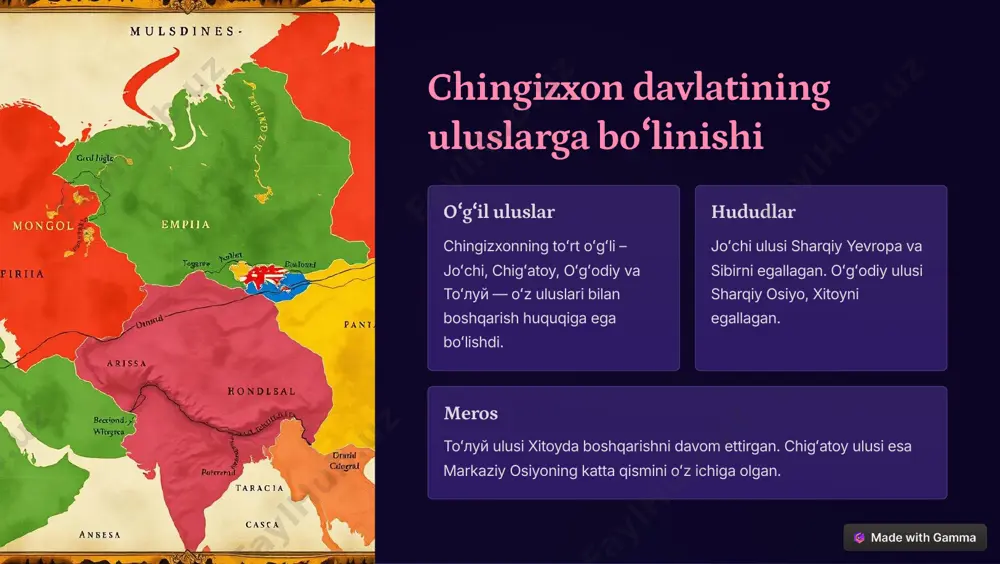 nizolar bu nizolar davomida koʻplab urushlar va qon toʻkish sodir boʻlgan, bu esa chigʻatoy ulusini zaiflashtirgan. 3 beqarorlik hokimiyat uchun kurash chigʻatoy ulusida beqarorlik va siyosiy tarqoqlikka olib kelgan. https://gamma.app/?utm_source=made-with-gamma kebekxon va alouddin tarmashirin siyosiy faoliyati kebekxon u 1260-yilda hokimiyatga kelgan va oʻzining siyosiy va iqtisodiy islohotlari bilan tanilgan. u diniy bagʻrikenglikni qoʻllab-quvvatlagan va savdo-sotiqni rivojlantirishga harakat qilgan. alouddin tarmashirin u 1290-yilda hokimiyatga kelgan va oʻzining harbiy salohiyatini namoyish etib, oʻz ulusini kengaytirishga harakat qilgan. u ilxoniylar davlati bilan urushlar olib borgan. https://gamma.app/?utm_source=made-with-gamma kebekxonning pul isloxoti isloxot maqsadi yangi tangalar chiqarish pul muomalasini tartibga solish va iqtisodiyotni mustahkamlash tanga qiymatini aniqlash inflationni nazorat qilish va savdo-sotiqni osonlashtirish tangalarni taqlid qilishga qarshi kurash pul muomalasining ishonchliligiga erishish https://gamma.app/?utm_source=made-with-gamma chigʻatoy ulusida siyosiy tarqoqlikning boshlanishi ichki nizolar hokimiyat uchun kurash va turli xil qabilalar oʻrtasidagi nizolar chigʻatoy ulusini zaiflashtirgan. siyosiy tarqoqlik ulusning markaziy hokimiyati zaiflashib, mintaqaviy hukmdorlar mustaqillikka intilganlar. taroqlikning boshlanishi chigʻatoy ulusi …