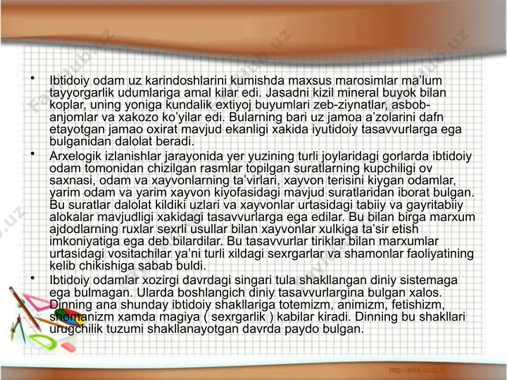 siginish natijasida mukaddas joylar, avliyolarning kabrlari vujudga kelgan. shomonizm – ibtidoiy jamoa tuzumi yemirilishi davrida paydo bulgan animistik e’tikod va ibodatning keng doirasiga kiradigan kadimgi diniy e’tikodlardan biri. “shomon” tunguscha suz bulib, “uta xayajonlangan”, “jazavali kishi” degan ma’noni anglatadi. uning uziga xos xususiyati – kishilar orasida turli ruxlar bilan munosabatda bula oladigan shomonlar kobiliyatiga ishonishdir. shomonlarga shuningdek, kelajakni oldindan aytib berish, kasalni davolash ulganlarni oxiratga uzatish, ruxlar bilan mulokotga kirisha olish, tabiatda xoxlagancha uzgartirishlar kilish kabi xususiyatlari borligiga ishonishgan. utmishda shomonlarning rux bilan alokasi shomon dumbirasi yoki mujizaviy musika ijrosida turli rasm-rusmlarni bajarish jarayonida jazavasi tutib, xoldan toyguncha bajarilgan. xulosa shuki, shomonizmning totemizm, fetishizm, animizmdan farki bor. bunda dinlarda odamlar xayvonlar, usimliklar, turli buyumlar, va ruxlarga siginish bulsa, shomonizmda odamlar odamga, ya’ni shomonga ishongan va sigingan. shomonizm utmish dinlar sarkiti sifatida ba’zi xollarda uchrab turadi. magiya ( sexrgarlik) – insonga, xayvonga yoki tabiat xodisalariga gayritabiy yul bilan ta’sir kursatish maksadida …