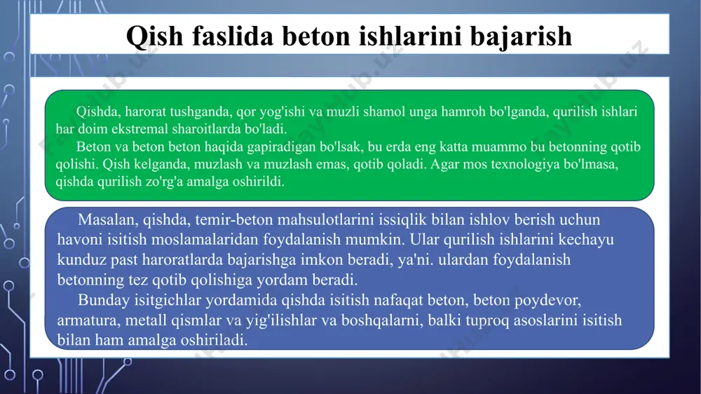 iy texnologik usullari jug'rofiy va iqlimiy doirani kuchaytiradi, ulardan foydalangan holda siz qishda sovuq vaqtda ham past haroratlar bo'lgan o'rta bo'lakda ham, shimolda ham ishlashingiz mumkin. shubhasiz afzallik - bunday texnologiyaning arzonligi. jahon standartlariga muvofiq, qishda isitgichlar bilan betonlash iqtisodiy jihatdan maqsadga muvofiqdir. ma'lumki, betonlashdan so'ng, beton aralashmasi bir kundan kamroq vaqt ichida suyuqlikdan qattiq fazaga o'tganda va keyinchalik uzoq vaqt ishlov berilsa, beton asta-sekin o'z xususiyatlariga ega bo'ladi. aniq qancha vaqt ko'plab sharoitlarga, shu jumladan atrof-muhit haroratiga bog'liq. beton aralashmani to'liq sozlash va qotib qolishga hatto +5 daraja haroratda ham erishish mumkin deb ishoniladi. qish faslida beton ishlarini bajarish aslida, betonlash uchun past haroratlarda nima mumkin emas? gap shundaki, beton aralashmasidagi suv uning barcha tarkibiy qismlari uchun birlashtiruvchi fraktsiya bo'lib xizmat qiladi. u muzlatganda - qattiq holatga o'tish - beton aralashmadagi jarayonlar to'xtaydi. ammo bu hammasi emas. ma'lumki, suv muzga aylanib, hajmi oshadi. shunga ko'ra, ortib borayotgan bosim betonda …