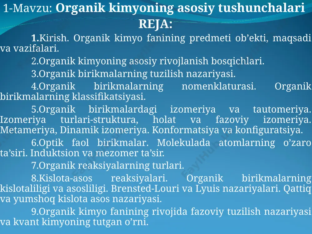 rganik kimyo ayrim sohalarda qattiq jism fizikasi bilan bog`langan bo`ladi. qattiq holatida yarim o`tkazgich va metallar (organik yarimo`tkazgichlar va «organik metallar») xossalariga ega bo`lgan organik moddalar sintez qilinmoqda. past haroratlar ayrim organik moddalarni kristallari o`ta o`tkazuvchanlikka ega bo`lganligi ma`lum. organik sintez organik kimyoning bir qismi bo`lib qolmasdan, qiziqarli ilmiy ishlar sohasi hamdir. organik kimyoning xalq xo`jaligidagi ahamiyati organik sintez yutuqlari bevosita sanoat organik sinteziga ta`sir ko`rsatadi. o`z navbatida sanoat organik sintezi va xalq xo`jaligi nazariy va sintetik kimyo oldiga yangidan-yangi vazifalar qo`ymoqda. sanoat organik kimyo xix asr boshlarida olimlar tosh ko`mirni quruq haydash mahsulotlarini o`rganishidan, benzolni sintez qilinishidan vujudga kelgan. arzon xom ashyodan ko`p miqdorda benzol olinishi uning kimyoviy xossalarini o`rganishga olib keldi. natijada sintetik anilin (n. n. zinin, 1842) va uning asosida sintetik bo`yoqlar olindi. organik bo`yoqlarni sanoat miqyosida sintez qilinishi sanoat organik sintezining dastlabki qadamlaridan biridir. arzon sintetik bo`yoqlar qimmatbaho tabiiylarni o`rnini egalladi. hozirgi kunda har bir davlatni …