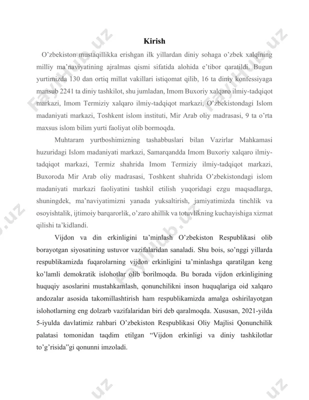 an “o’zbekiston respublikasida diniy tashkilotlarni davlat ro’yxatidan o’tkazish, qayta ro’yxatdan o’tkazish va tugatish tartibi to’g’risidagi nizomni tasdiqlash haqida”gi 409-sonli qaror talablarida diniy tashkilotlarni tuzish uchun fuqarolarning o’zini o’zi boshqarish organlari tomonidan beriladigan rozilik xati ham zaruriy talab sifatida belgilangan edi. bu esa diniy tashkilot tuzish bilan bog’liq jarayonlarni murakkablashuviga sabab bo’lardi. yangi qonunchilikda diniy tashkilotlarni tuzishni soddalashtirish maqsadida ro’yxatdan o’tish jarayonida mahalla ishtiroki bekor qilindi. umuman olganda, qabul qilingan qonun inson huquqlari bo’yicha xalqaro standartlar bilan kafolatlangan diniy sohada umume’tirof etilgan huquq va erkinliklarni qamrab olgan holda yurtimiz aholsining mentaliteti, o’ziga xos jihatlari va din erkinligi bilan bog’liq orzu istaklarini o’zida mujassam etgan. 1.o`zbekiston respublikasida din va diniy tashkilotlar. bizga ma’lumki, diniy birlashmalar faoliyatini tartibga solish masalasi davlat uchun muhim ahamiyatga ega. turli dinlarga mansub diniy muassasalarning davlat hokimiyati va boshqalarga mansub bo’lganlarni ta’qib qilish, hattoki o’tgan yillar davomida dinni butunlay yo’q qilishga urinish holatlari ham tarixdan barchaga ma’lum. diniy …