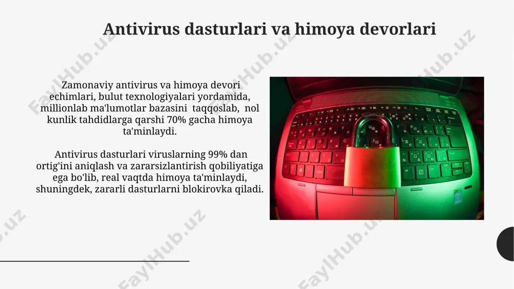 tish, 24/7 aloqa kanallarini o'rnatish va tiklash rejalarini ishlab chiqishni o'z ichiga oladi. shifrlash va kriptografiya shifrlash aes-256 algoritmi kabi simmetrik kalitli kriptografiya usullaridan foydalanib, ma’lumotlarni himoya qilishning yuqori darajadagi ishonchliligini ta’minlaydi, bu esa 256 bitli kalit uzunligidan foydalanadi. asenkron kalitli kriptografiya, masalan, rsa algoritmi, raqamli imzolarni yaratish va ma’lumotlarning asl nusxasini tasdiqlash uchun 1024 bit va undan yuqori kalit uzunliklaridan foydalanadi. axborot xavfsizligini ta'minlash usullari ma'lumotlarning shifrlanishi, masalan, aes-256 algoritmi yordamida, rangi berilmagan ma'lumotlarning o'g'irlanishi xavfini sezilarli darajada kamaytiradi va maxfiylikni himoya qiladi. doimiy ravishda yangilanib turadigan antivirus dasturlari va xavfsizlik devorlaridan foydalanish, kompyuter tizimlarini zararli dasturlardan va kiberhujumlardan himoya qilish darajasini 80% ga oshiradi. jismoniy xavfsizlik xavfsizlik rejasini ishlab chiqish va muntazam ravishda kamida har 3 oyda sinovdan o'tkazish, xodimlarni o'qitish va favqulodda vaziyatlarga tayyorgarlik ko'rish muhim ahamiyatga ega. kirish nazorati tizimi (biometrik, magnit kartalar) va perimetrni himoya qilish uchun 2 metr balandlikdagi devorlar va to'siqlar, shuningdek, qo'shimcha …