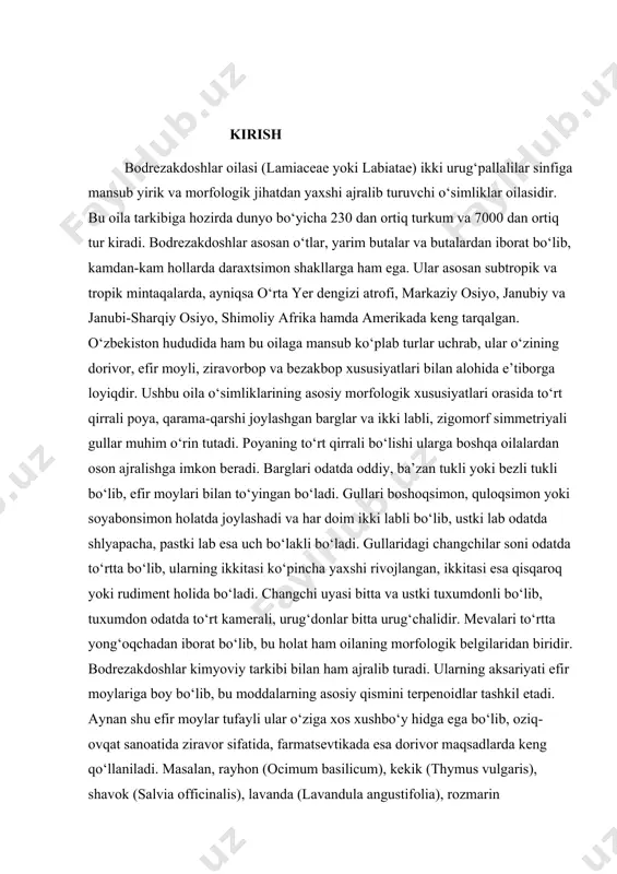 hilar soni odatda to‘rtta bo‘lib, ularning ikkitasi ko‘pincha yaxshi rivojlangan, ikkitasi esa qisqaroq yoki rudiment holida bo‘ladi. changchi uyasi bitta va ustki tuxumdonli bo‘lib, tuxumdon odatda to‘rt kamerali, urug‘donlar bitta urug‘chalidir. mevalari to‘rtta yong‘oqchadan iborat bo‘lib, bu holat ham oilaning morfologik belgilaridan biridir. bodrezakdoshlar kimyoviy tarkibi bilan ham ajralib turadi. ularning aksariyati efir moylariga boy bo‘lib, bu moddalarning asosiy qismini terpenoidlar tashkil etadi. aynan shu efir moylar tufayli ular o‘ziga xos xushbo‘y hidga ega bo‘lib, oziq-ovqat sanoatida ziravor sifatida, farmatsevtikada esa dorivor maqsadlarda keng qo‘llaniladi. masalan, rayhon (ocimum basilicum), kekik (thymus vulgaris), shavok (salvia officinalis), lavanda (lavandula angustifolia), rozmarin (rosmarinus officinalis) va bodrezak (mentha sp.) kabi turlar xalq tabobatida ko‘p asrlardan beri ishlatiladi. bu o‘simliklar organizmga tinchlantiruvchi, yallig‘lanishga qarshi, antimikrob, xushbo‘y, hazmni yaxshilovchi kabi turli farmakologik ta’sir ko‘rsatadi. shu bilan birga, ularning ayrimlari asalarilar uchun ajoyib nektar manbai hisoblanadi va bu xususiyati ularni asalarichilikda ham muhim o‘ringa ega qiladi. bundan …