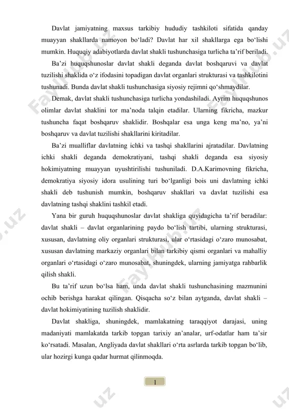 dagi o‘zaro munosabat, xususan davlatning markaziy organlari bilan tarkibiy qismi organlari va mahalliy organlari o‘rtasidagi o‘zaro munosabat, shuningdek, ularning jamiyatga rahbarlik qilish shakli. bu ta’rif uzun bo‘lsa ham, unda davlat shakli tushunchasining mazmunini ochib berishga harakat qilingan. qisqacha so‘z bilan aytganda, davlat shakli – davlat hokimiyatining tuzilish shaklidir. davlat shakliga, shuningdek, mamlakatning taraqqiyot darajasi, uning madaniyati mamlakatda tarkib topgan tarixiy an’analar, urf-odatlar ham ta’sir ko‘rsatadi. masalan, angliyada davlat shakllari o‘rta asrlarda tarkib topgan bo‘lib, ular hozirgi kunga qadar hurmat qilinmoqda. tabiiyki, gap davlat hokimiyatining tuzilish shakllari haqida borar ekan, bunda ham boshqaruv shakli, ham davlat tuzilishi shakli, ham siyosiy rejim tushuniladi. siyosiy rejimni davlat shaklining asosiy, ichki tomoni deyish mumkin. davlatning siyosiy rejimi bilan uning shakli boshqa-boshqa narsa. yuridik adabiyotlarda siyosiy rejim deganda asosan hokimiyatning amalga oshirish usullari va metodlarining yig‘indisi tushuniladi. masalan, demokratik rejim, fashistik rejim va hokazo. bayon etilgan mulohazalar huquqiy adabiyotlarda davlat shakli haqida yagona tushunchaning ishlab …