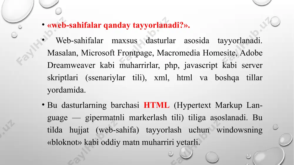 buning uchun width (eni, kengligi) va height (bo'yi, balandligi) parametrlaridan foydalaniladi. mazkur buyruqlar yordamida web-sahifaga joylashtirilayotgan rasmning eni va bo'yi piksellarda yoki rasmning asl o'lchamiga nisbatan foiz hisobida beriladi. web-sahifadagi axborot bir nechta bo’limdan iborat bo’lishi mumkin. bu bo’limlarga tez «o’tish» imkoniyati web-sahifani ko’rib chiqishni osonlashtiradi. web-sahifada bunday o’tishlar gipermatnli aloqani tashkil etadi. gipermurojaat juft tegi yordamida amalga oshiriladi. bu tegning href parametri bor bo’lib, uning qiymati o’tish joyi manzili (adresi) bo’ladi. matn , bu yerda «matn» — ixtiyoriy matn bo’lib, brauzer uni ekranda belgilab ko'rsatadi, «manzil» — o’tish kerak bo’lgan joy (bo’lim) manzili. tegi yordamida nafaqat bitta web-sahifa ichida, balki bir web-sahifadan boshqa web-sahifalarga o'tishni ham amalga oshirish mumkin. buning uchun mazkur tegdagi «manzil» sifatida internet tizimidagi biror web-sahifa manzilini, ya’ni url-manzilni yozish kifoya. masalan: rambler.ru ga o‘tish o‘tishdagi «manzil» sifatida diskdagi web-sahifa faylining nomini yozsa ham bo’ladi va bu holda diskdagi web-sahifa ochiladi. image2.png image3.png image1.png /docprops/thumbnail.jpeg