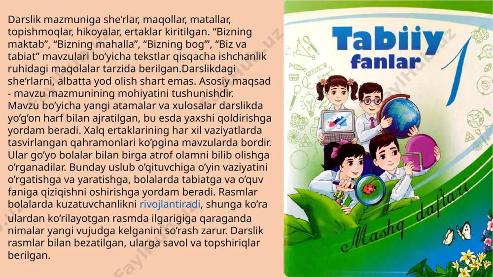 ham imkon beradi. 3-sinfda o’quvchilar ob-havoni muntazam kuzatishni davom ettiradilar: bulutlanishni, shamol kuchini (kuchli, bo’sh, mo’tadil) belgilaydilar. fenologik kuzatishlar o’tkazishni davom ettiradilar: kunning uzunligini (kalendar bo’yicha), barglarning sarg’ayishini xazonrezgilikni, yil fasllari bo’yicha o’simlik va hayvonlar holatini belgilaydilar.. 3-sinfda umumsinf tabiat va mehnat kalendarini yuritish davom etadi, bu ikki yil davomida kuzatilgan hodisalarni taqqoslash imkoniyatini beradi. har kuni ob-havo, o’simlik va hayvonlar holatini belgilab, o’quvchilar joriy kuzatishlarini o’tgan yili shu kun o’tkazgan kuzatishlari bilan solishtiradilar. bunday ish kuzatishlarga qiziqishni, ularning sifatini oshiradi, tabiatshunoslik tushunchalarini chuqurroq o’zlashtirishga yordam beradi. “madaniy o’simliklar ”, “uy hayvonlari” mavzularini o’rganishda bolalar kuzatish, tajriba, ekskursiya, amaliy ishlar o’tkazish yo’li bilan o’simlik va hayvonot dunyosining mahalliy vakillari bilan, o’z joyi yuzasining shakllari bilan, suv havzalari va suvning xususiyatlari bilan, tuproq hamda foydali qazilmalar bilan tanishadilar. bolalar uchun “bizning o’lka” tushunchasi hammadan avval ularning uylari va maktabi joylashgan joydir, chunki ular ayniqsa atrof joyda bevosita kuzatishlari mumkin bo’lgan tuproq, …