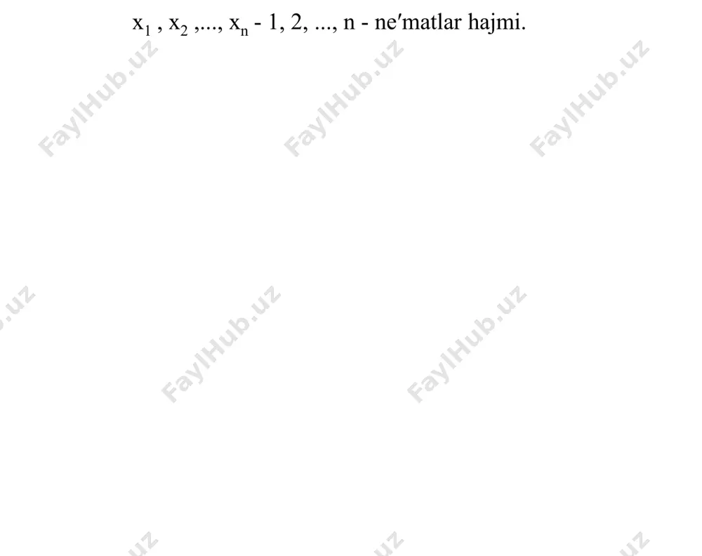 qoidalari a b befarqlik egri chiziqlari majmuasi befarqlik egri chiziqlari kartasini hosil qiladi tu3 tu2 tu1 chekli almashtirish normasi. befarqlik egri chizig`ining pastga tomon yotiqligi x2 ne′matni x1 ne′mat bilan chekli almashtirish normasini ifodalaydi. chekli almashtirish normasi odatda bilan belgilanadi va uning miqdori gorizontal o`q bo`yicha ifodalangan x1 ne′matning bir birligi uchun, vertikal o`q bo`yicha ifodalangan x2 ne′matning qancha miqdoridan voz kechish mumkinligini ko`rsatadi mrs x1 , x 2 ( ( (x 2 (x 1 x1 1 masalan, kitobga va ta bananga teng bo`lsa, bo`ladi va iste′molchi bitta kitob uchun uchta bananni berishga tayyor. ko`rsatish mumkinki, bu yerda 3 ta banandan olinadigan naf bitta kitobdan olinadigan nafga teng. 4-reja: byudjet cheklanganligi va iste′molchining muvozanatlilik sharti tovarlar narxiga va iste′molchining daromadiga asoslanadi va u mavjud pul mablag`lari chegarasida iste′mol uchun qanday tovarlar majmuasini xarid qilish mumkinligini ko`rsatadi. bu tengsizlik tovarlarga sarflanadigan xarajatlar yig`indisi, iste′molchi daromadidan oshmasligini bildiradi. x1 va x2 larning …